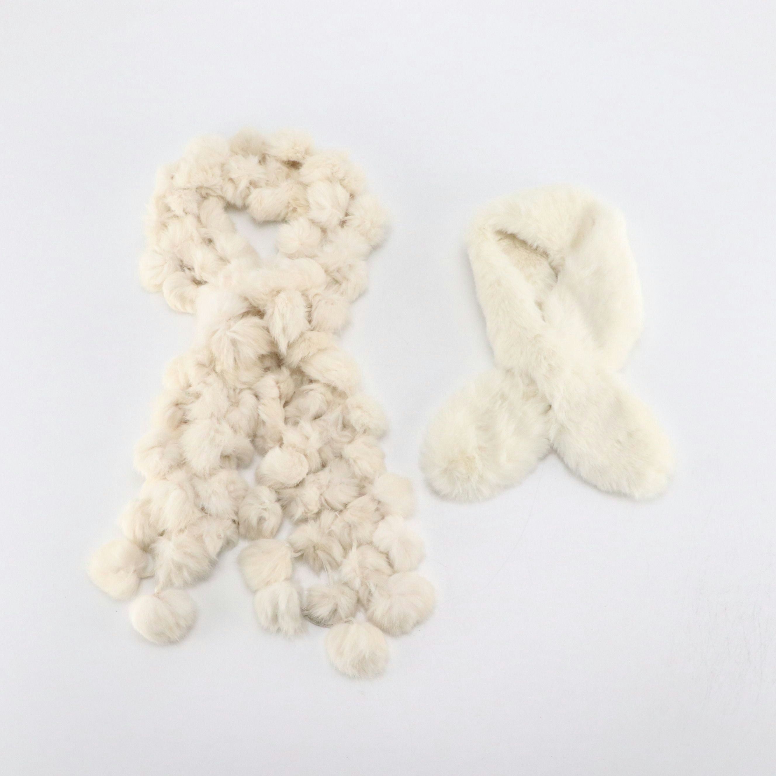 White Rabbit Fur Pom-Pom Scarf and Neck Scarf