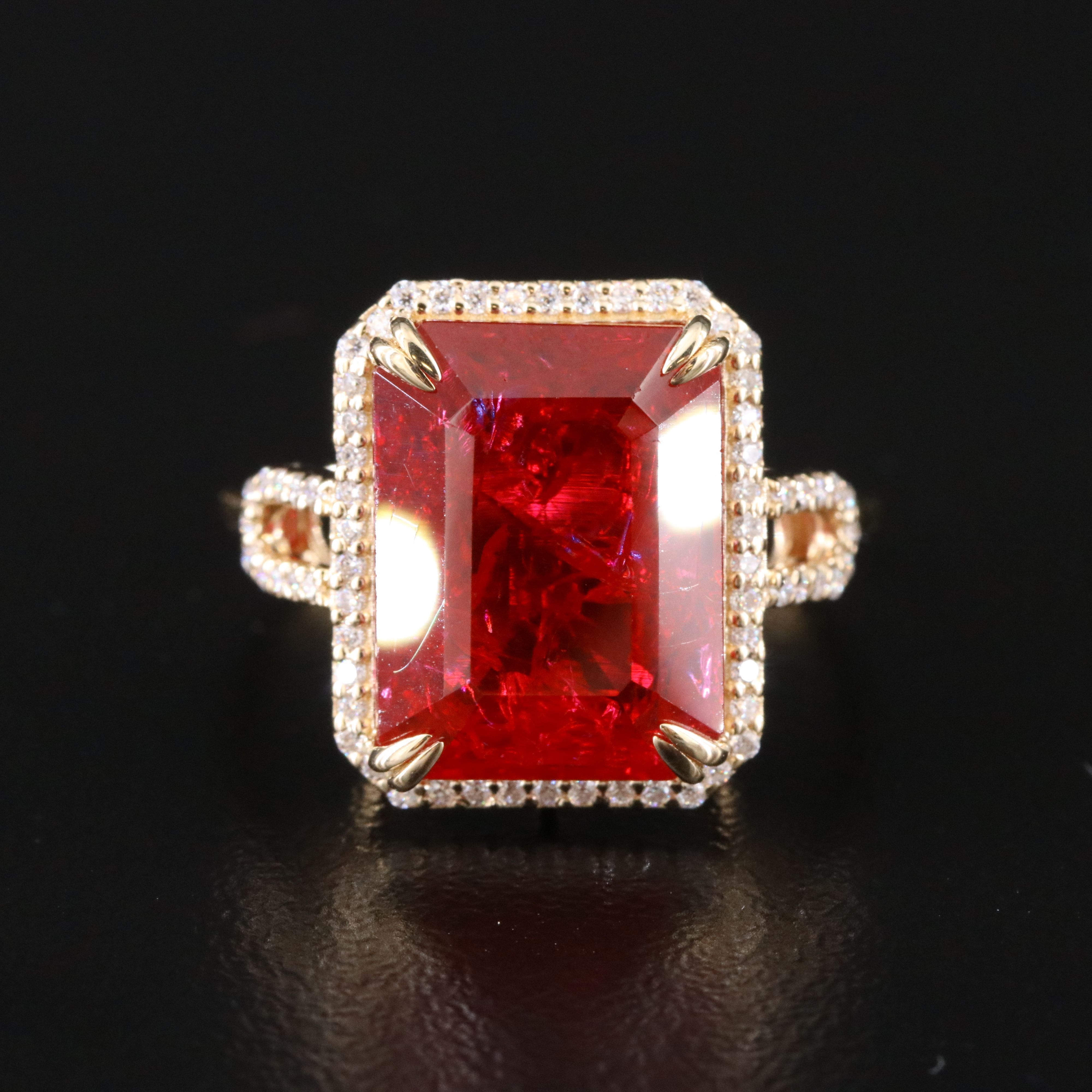 14K 8.64 CT Lab Grown Ruby and Moissanite Halo Ring