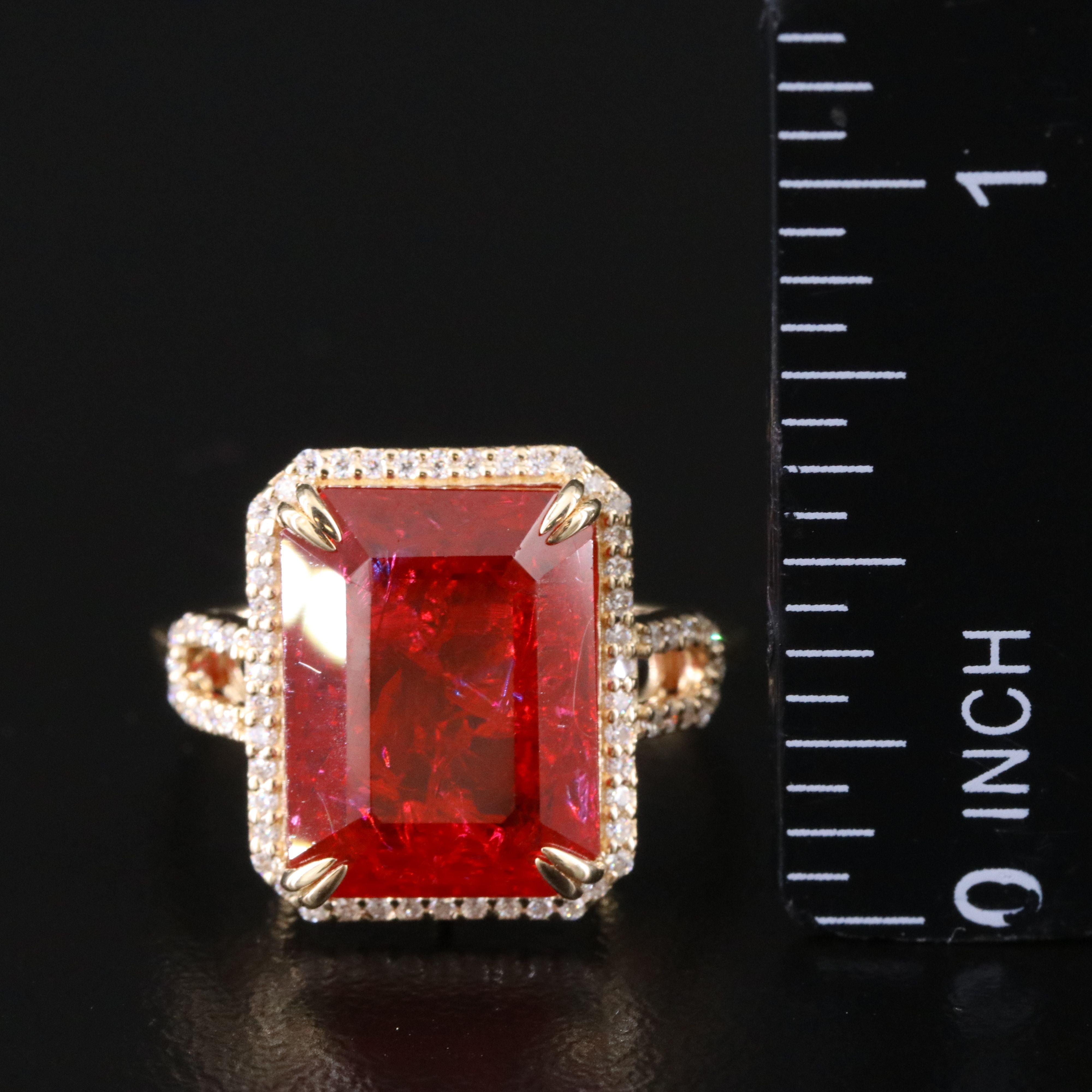 14K 8.64 CT Lab Grown Ruby and Moissanite Halo Ring