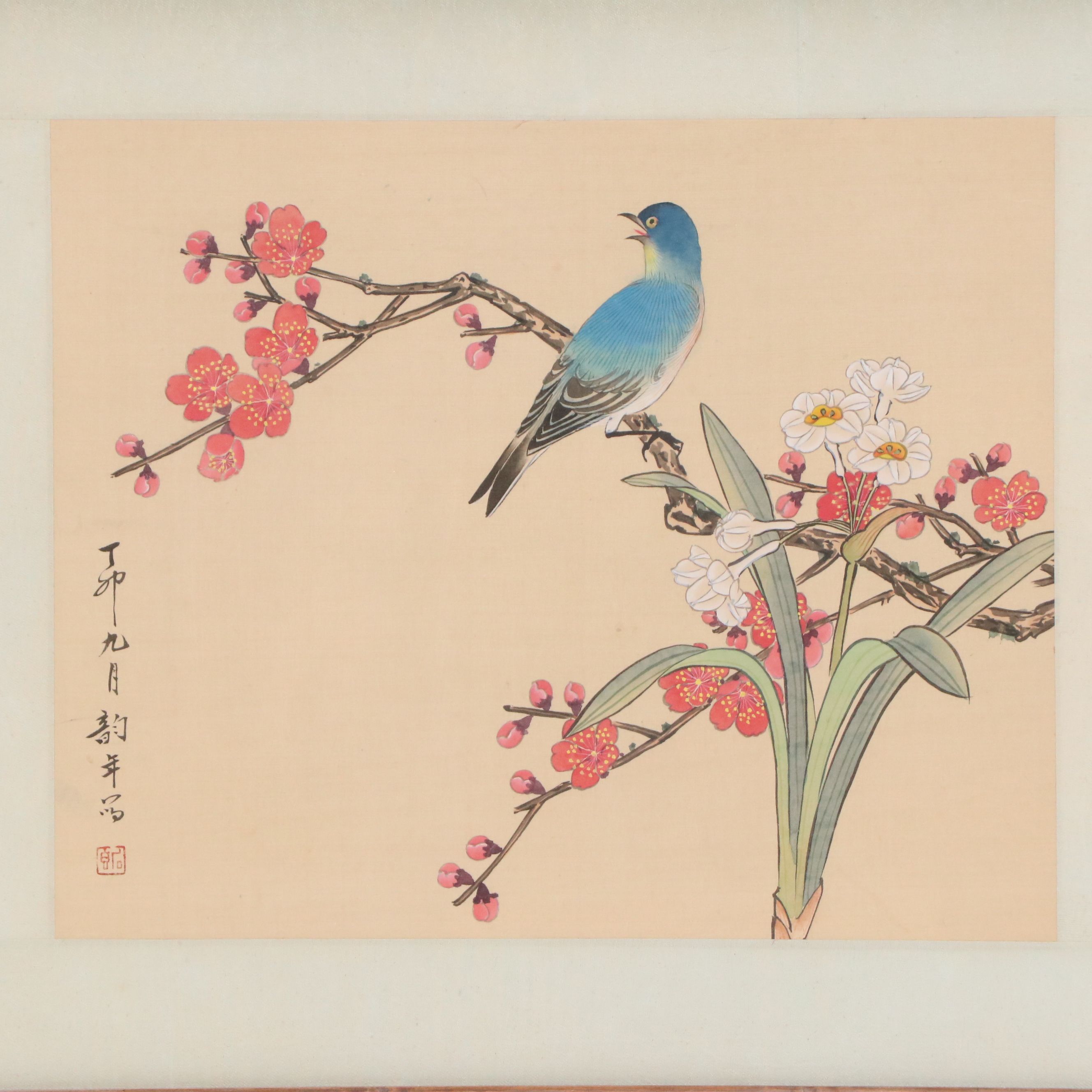 Gouache Bird-and-Flower Paintings and Scroll Detail Print, Mid-Late 20th Century