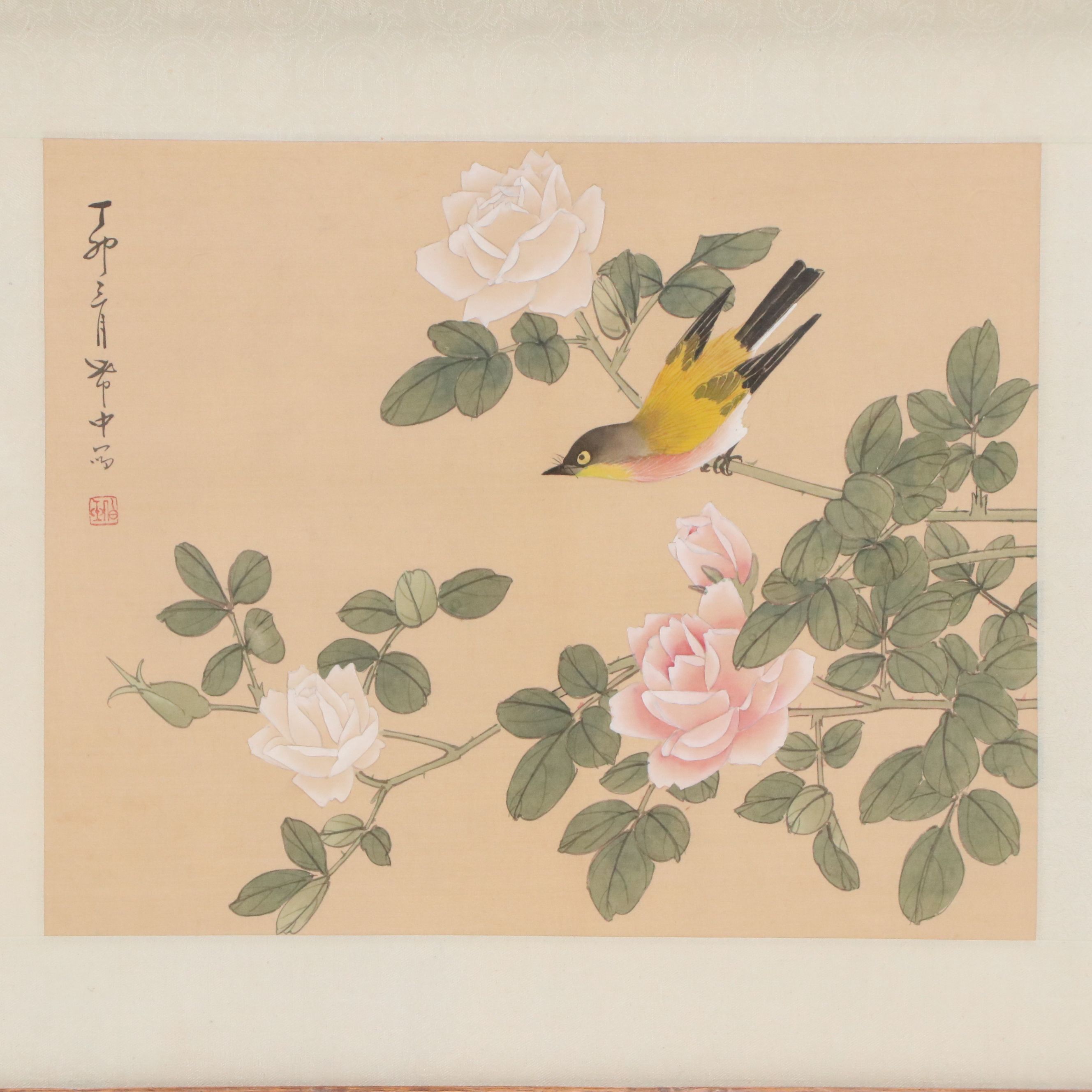 Gouache Bird-and-Flower Paintings and Scroll Detail Print, Mid-Late 20th Century