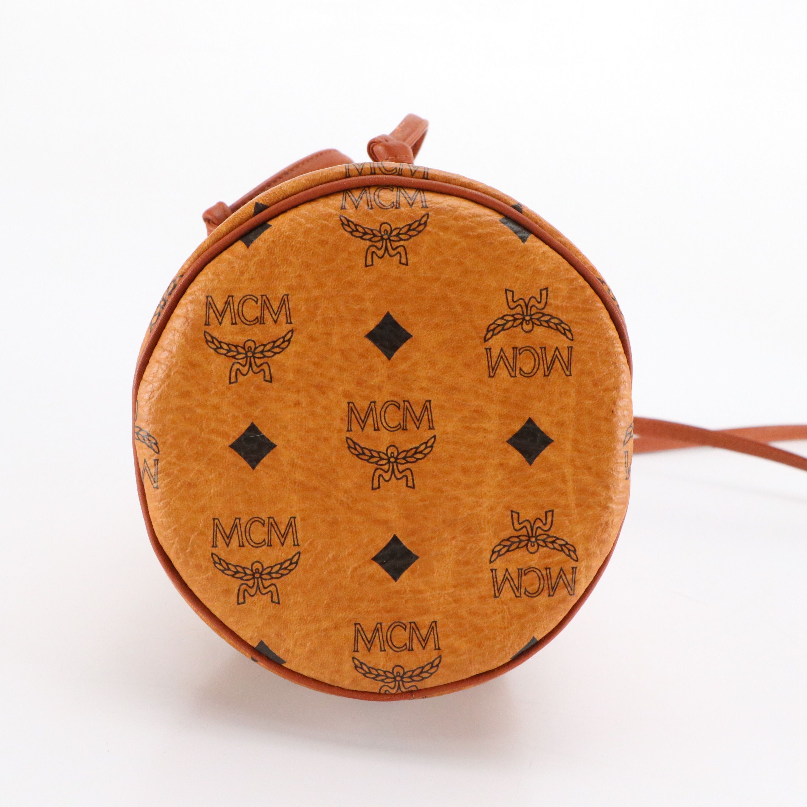 MCM Mini Drawstring Bucket Bag in Cognac Visetos Canvas