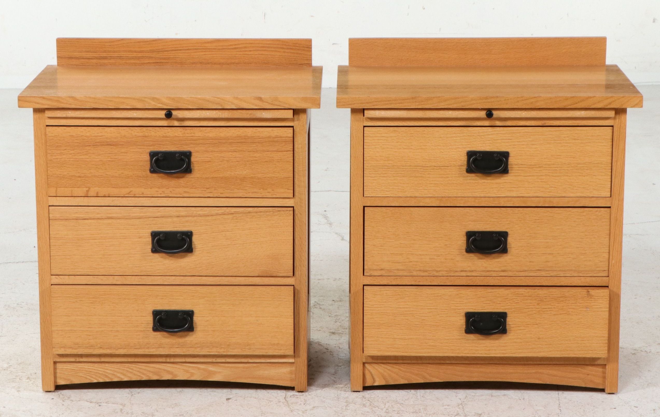 Pair of Mission Style Oak Three-Drawer Nightstands, Late 20th Century