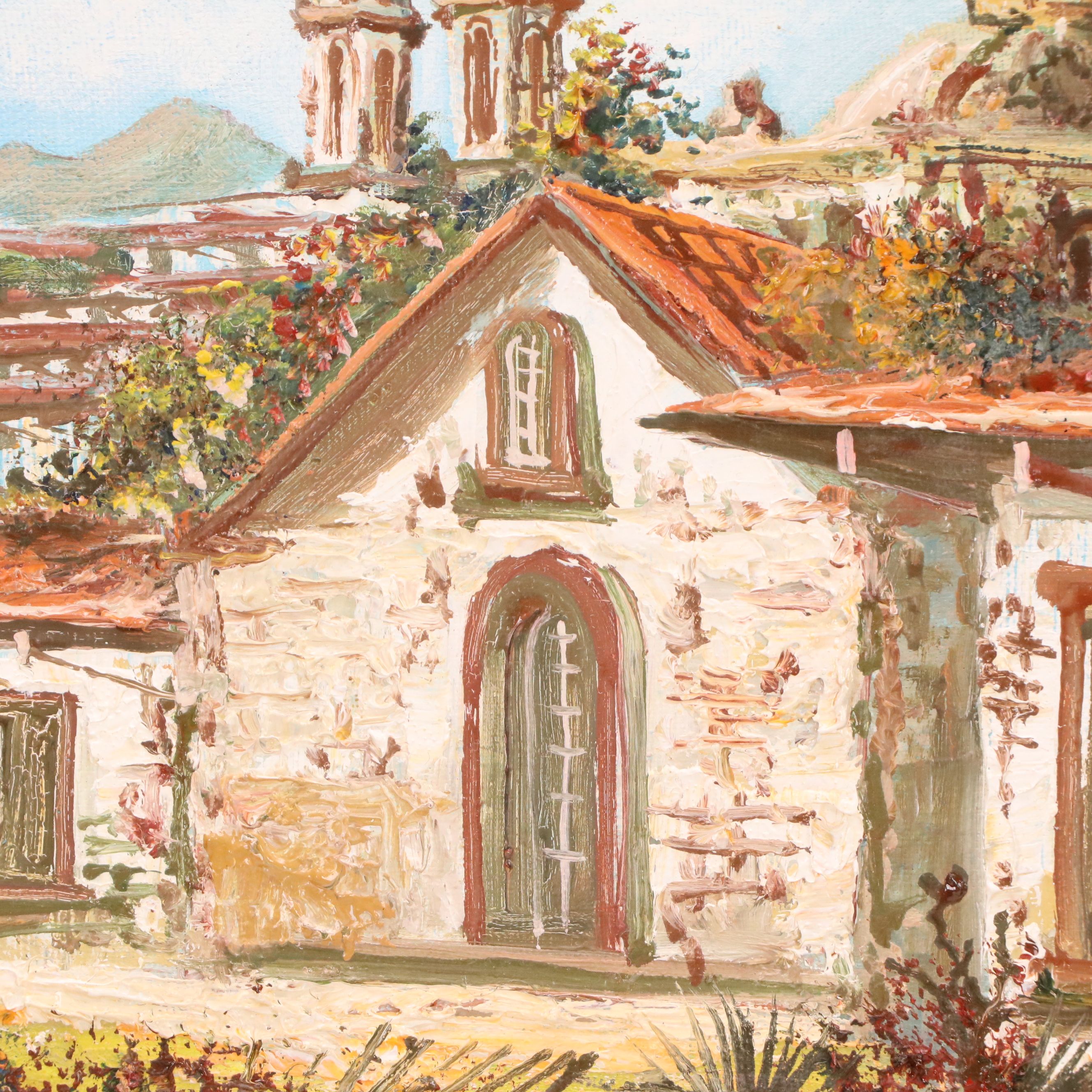 Oil Painting of Rustic Spanish Style Building, Mid-20th Century