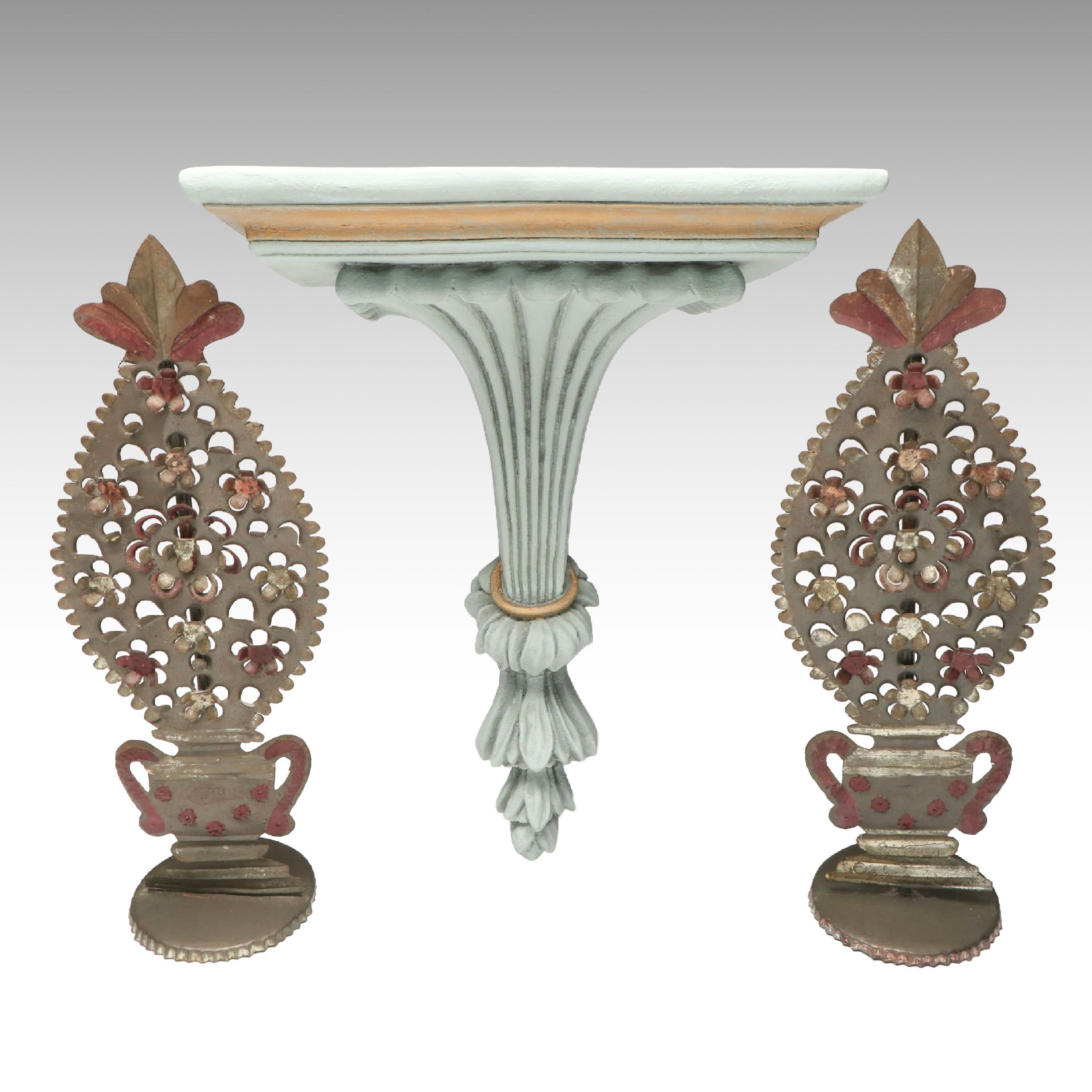 Mexican Stampwork Metal Garniture Pair and Fluted Decorative Wooden Wall Corbel