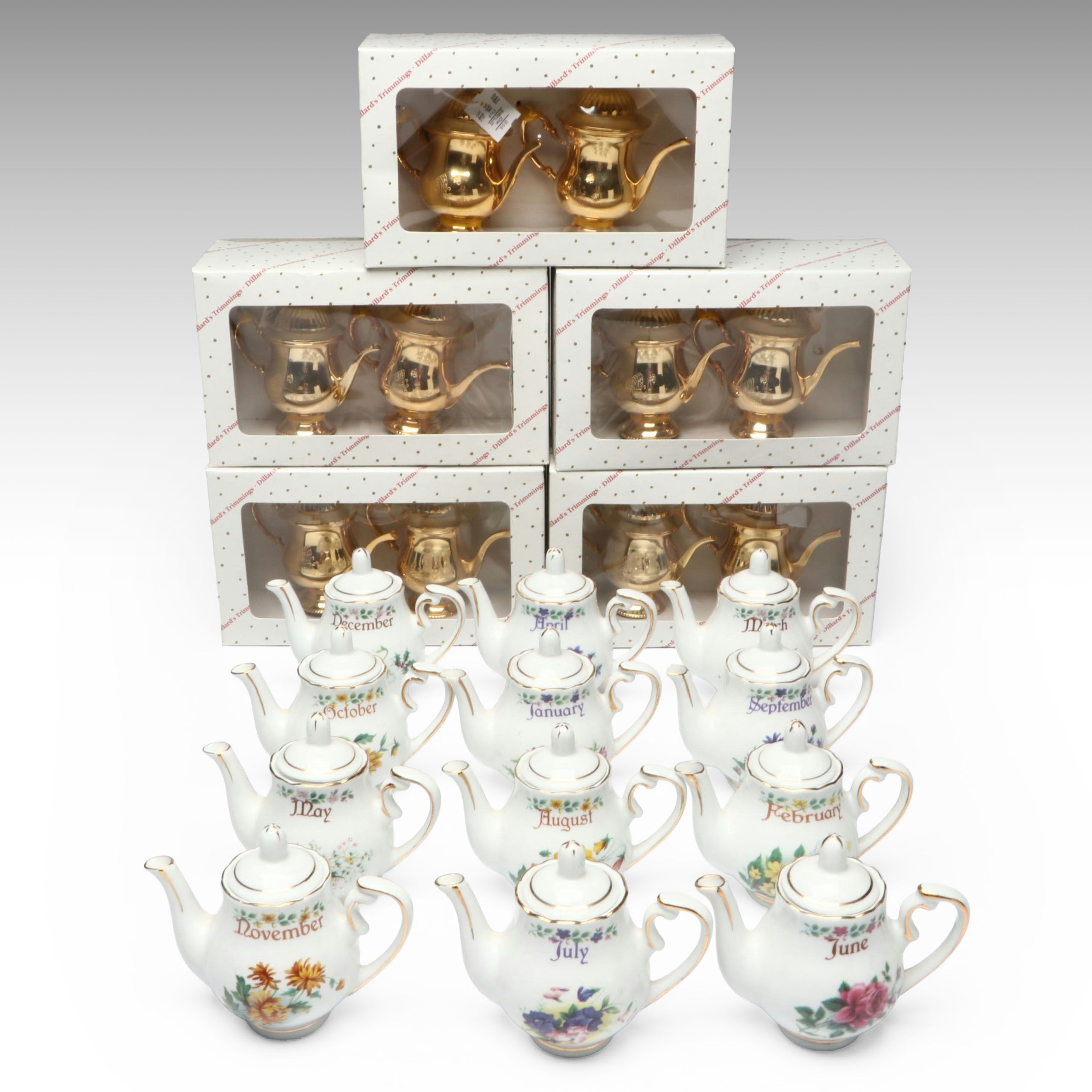 Ebeling & Reuss "Bouquet of the Month" Porcelain and Dillards Gilt Teapots