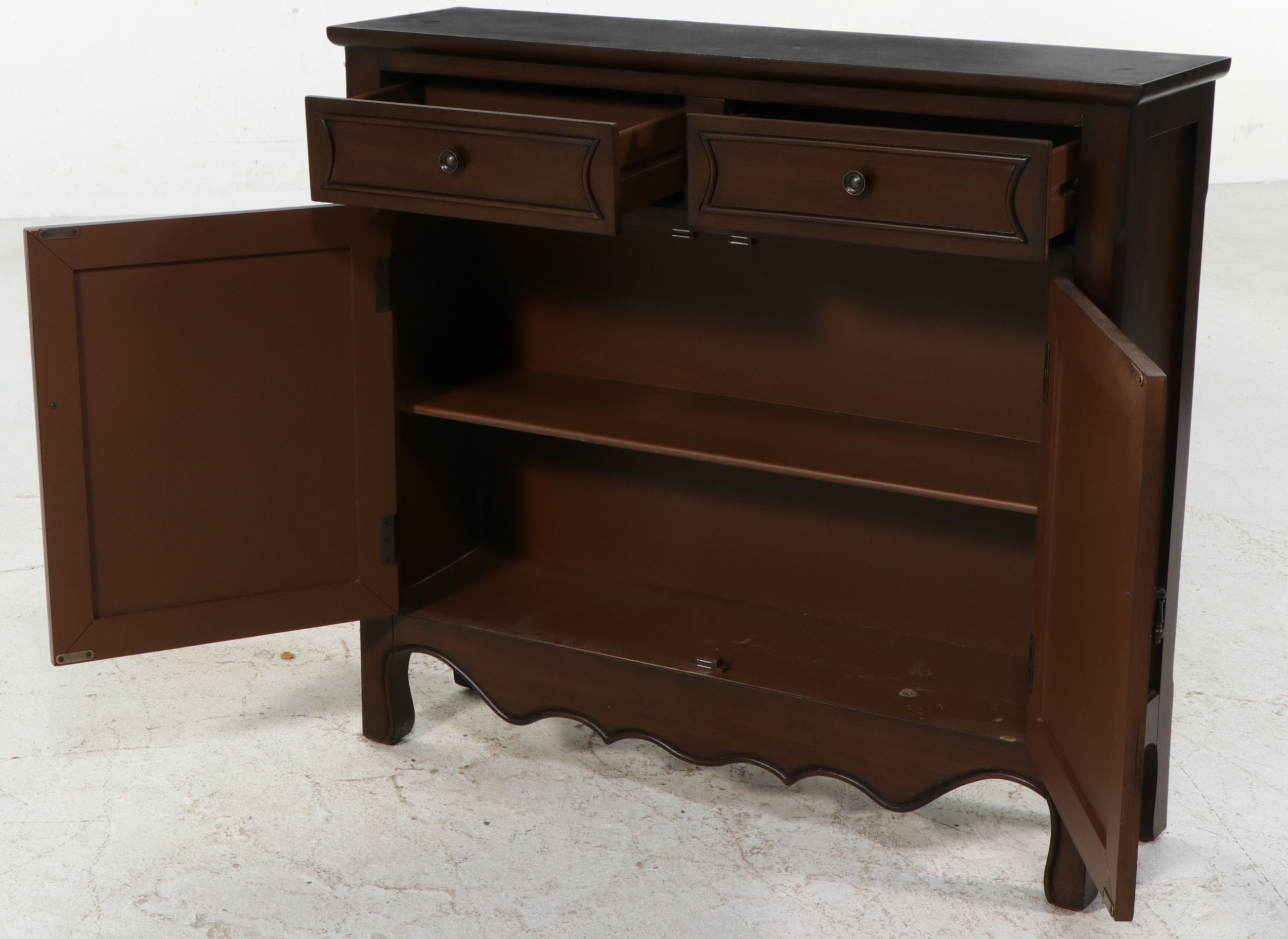 Contemporary Espresso Stained Scalloped Console Cabinet