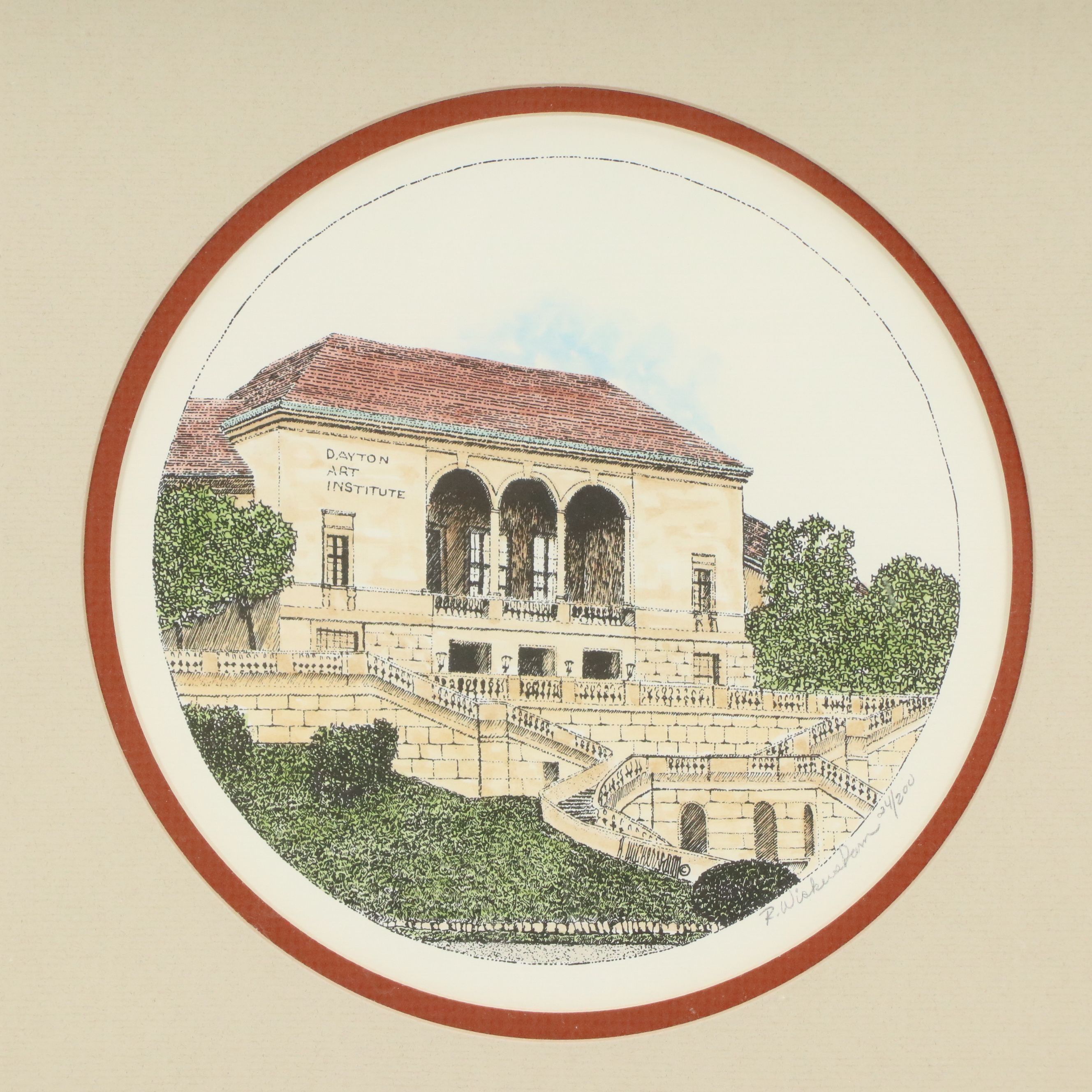 Lithograph of Dayton Art Institute Entrance, Late 20th Century