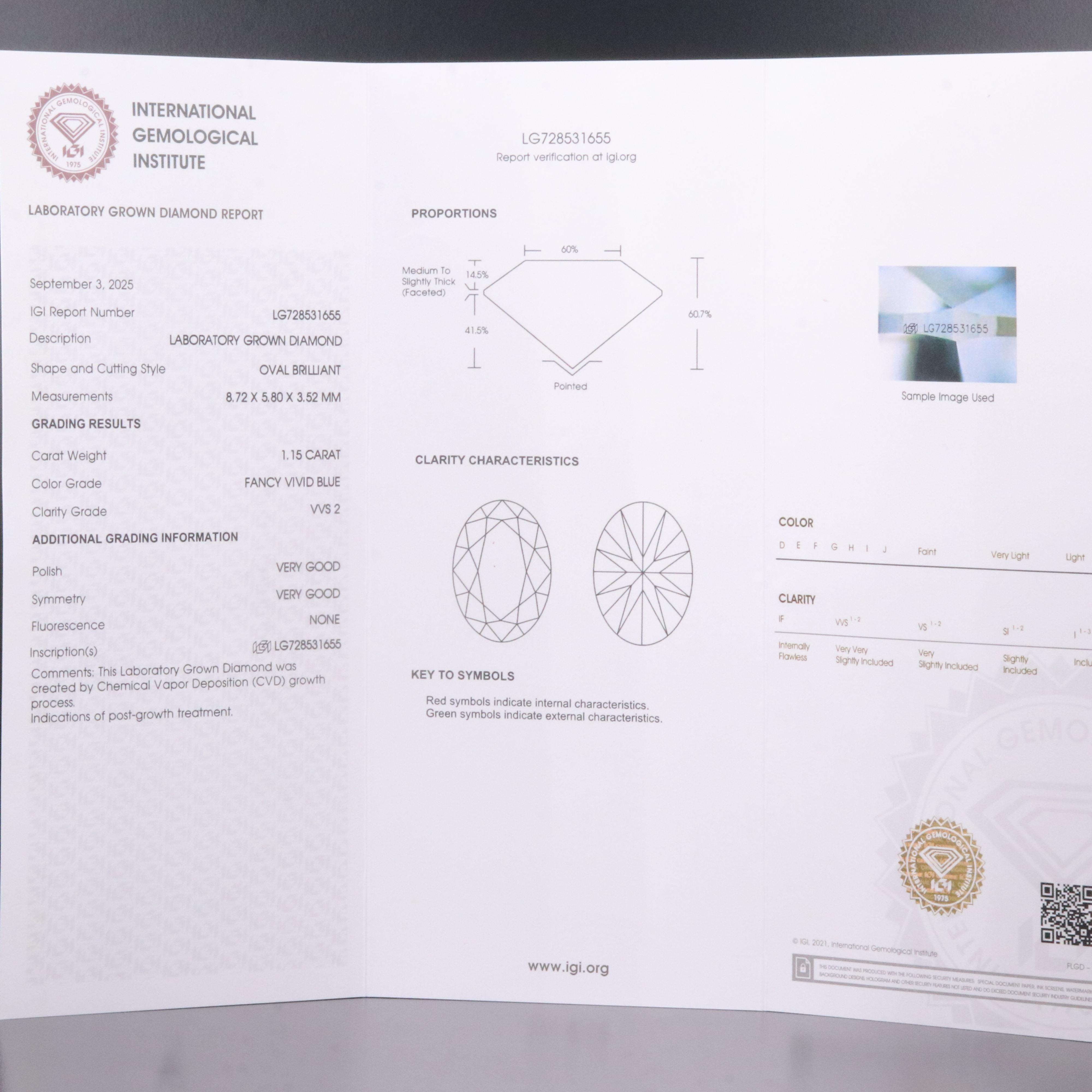 Loose 1.15 CT Lab Grown Fancy Vivid Blue Diamond with IGI Report