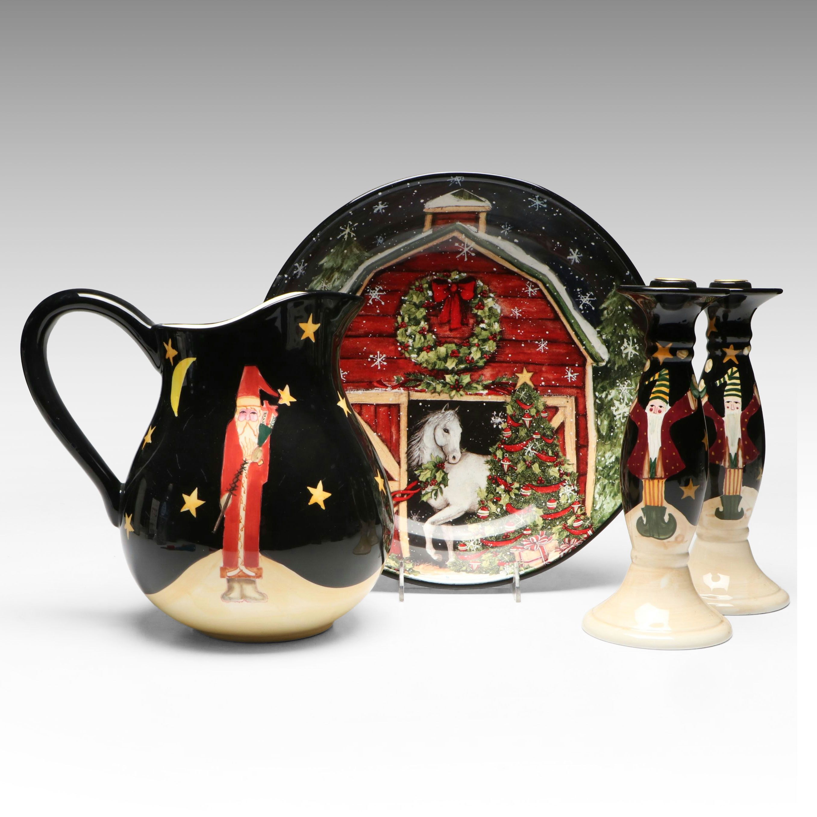 Certified International Christmas Ceramic Pitcher, Bowl, and Candle Holders