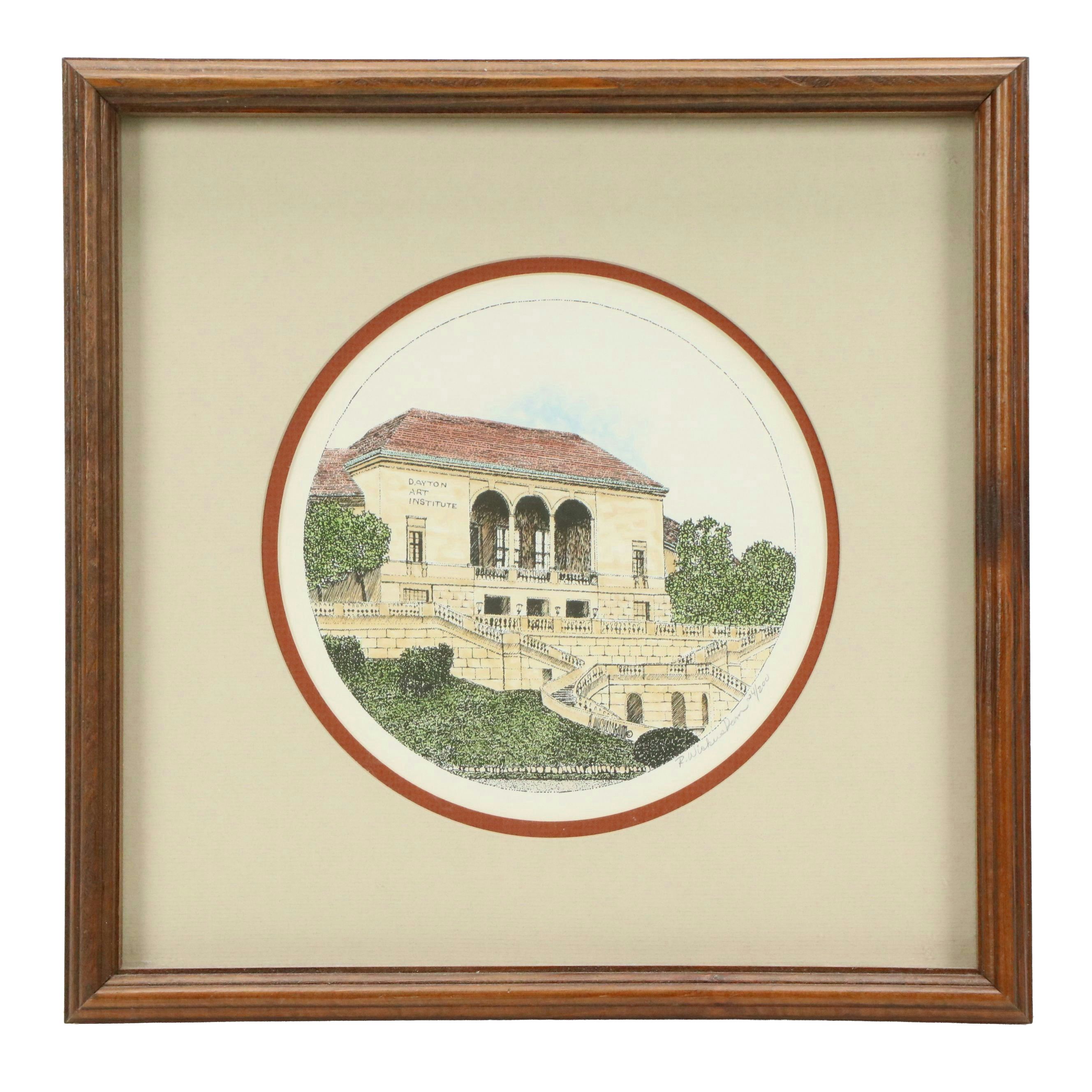 Lithograph of Dayton Art Institute Entrance, Late 20th Century