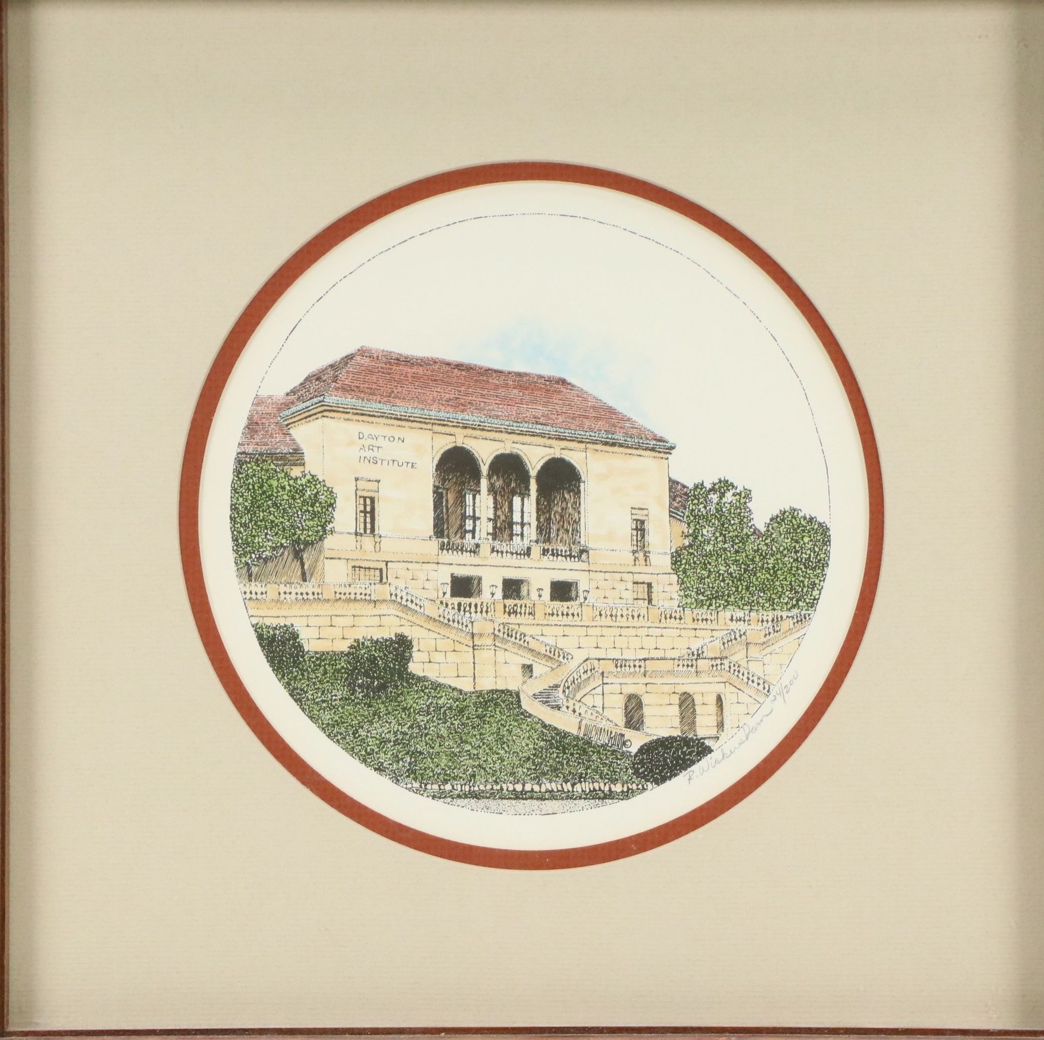 Lithograph of Dayton Art Institute Entrance, Late 20th Century