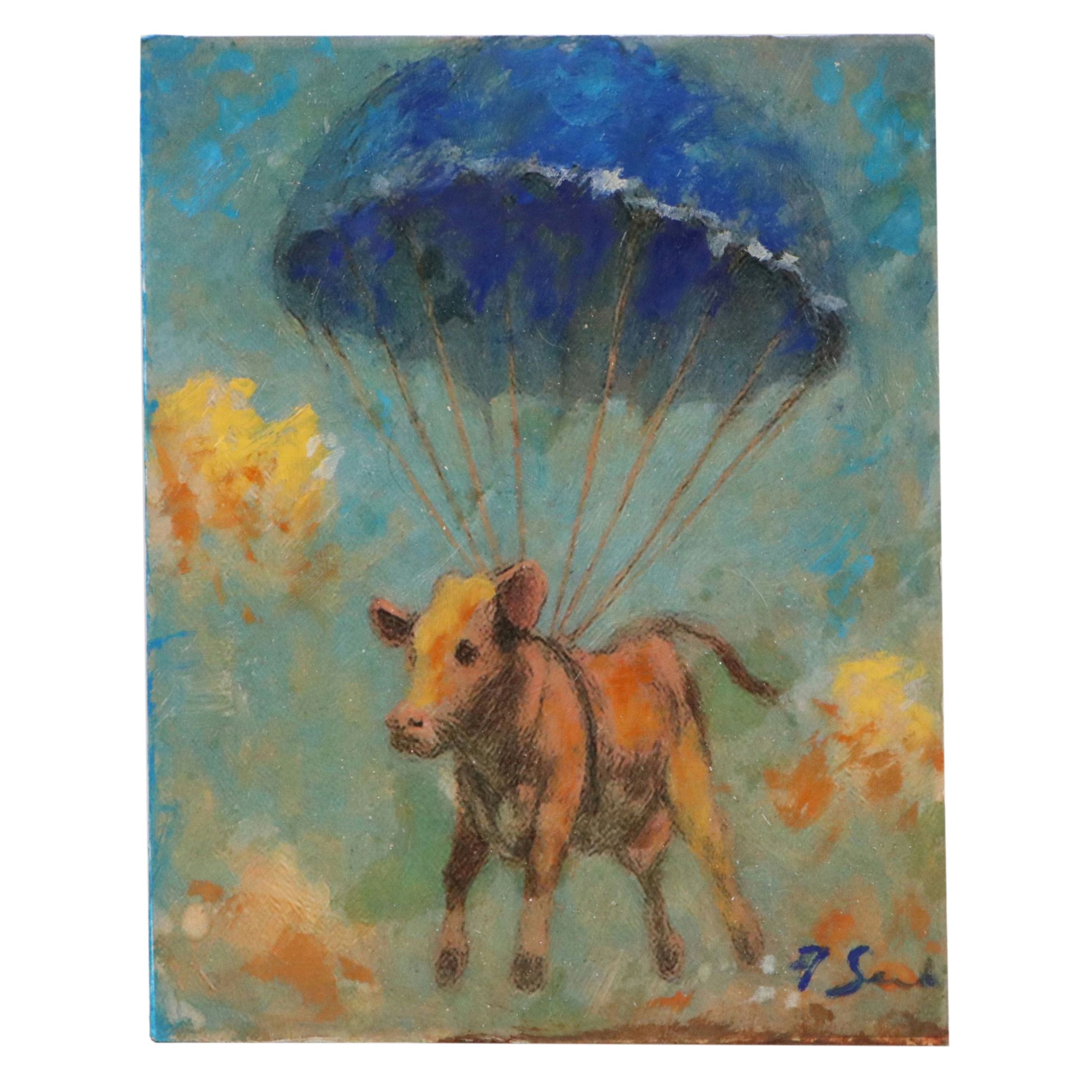 Andrew Semberecki Mixed Media "Baby Cow on a Parachute," 2026