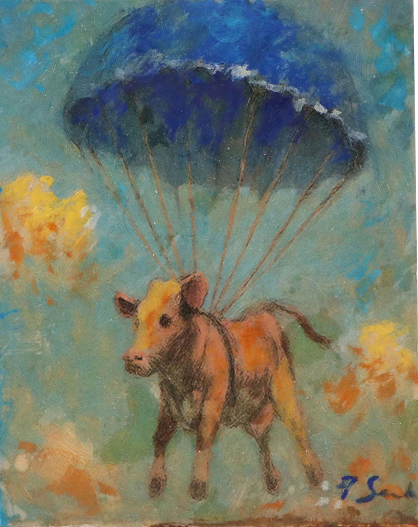 Andrew Semberecki Mixed Media "Baby Cow on a Parachute," 2026