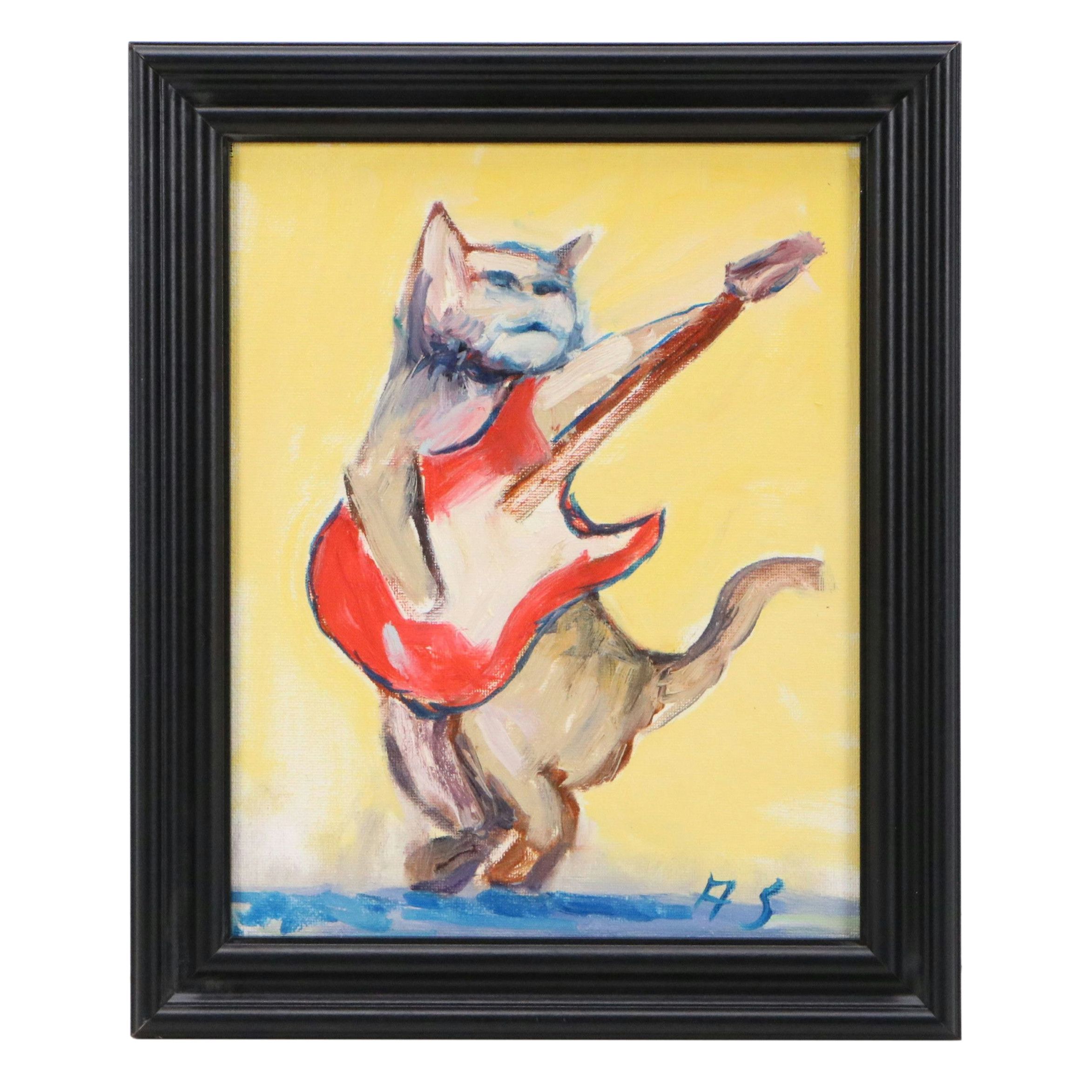 Andrew Semberecki Oil Painting "Cat Guitarist," 2025