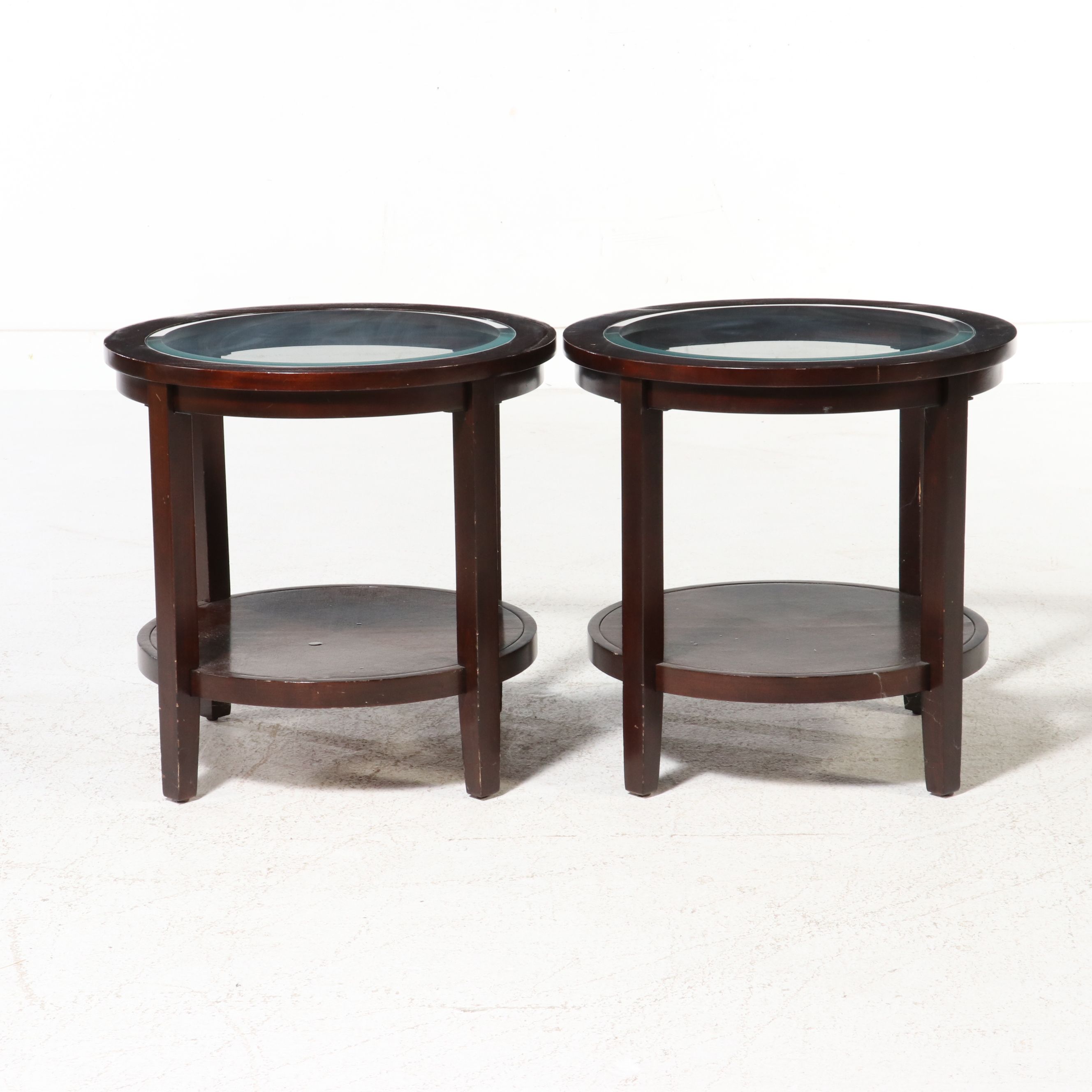 Pair of Contemporary Circular End Tables with Inset Glass Tops