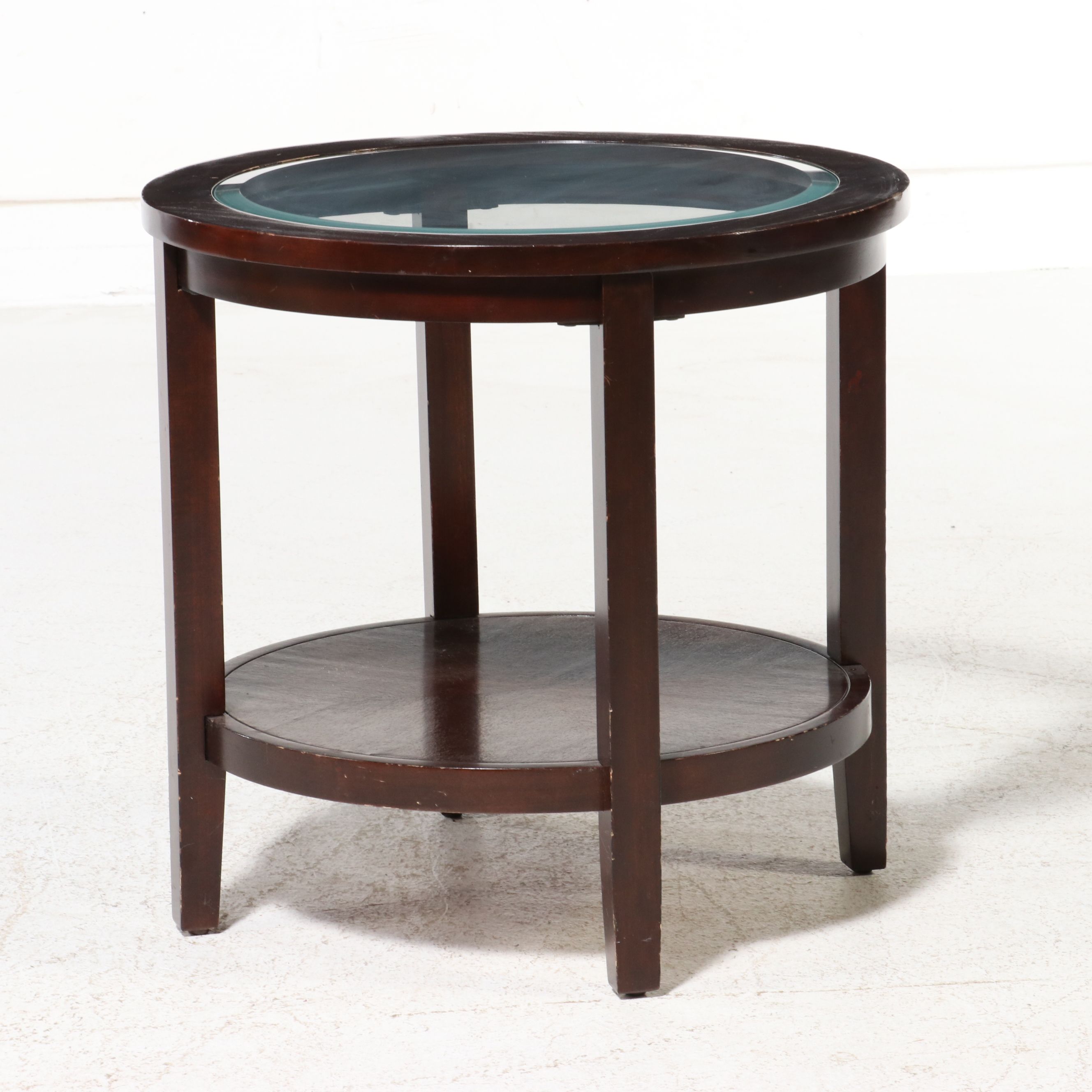 Pair of Contemporary Circular End Tables with Inset Glass Tops