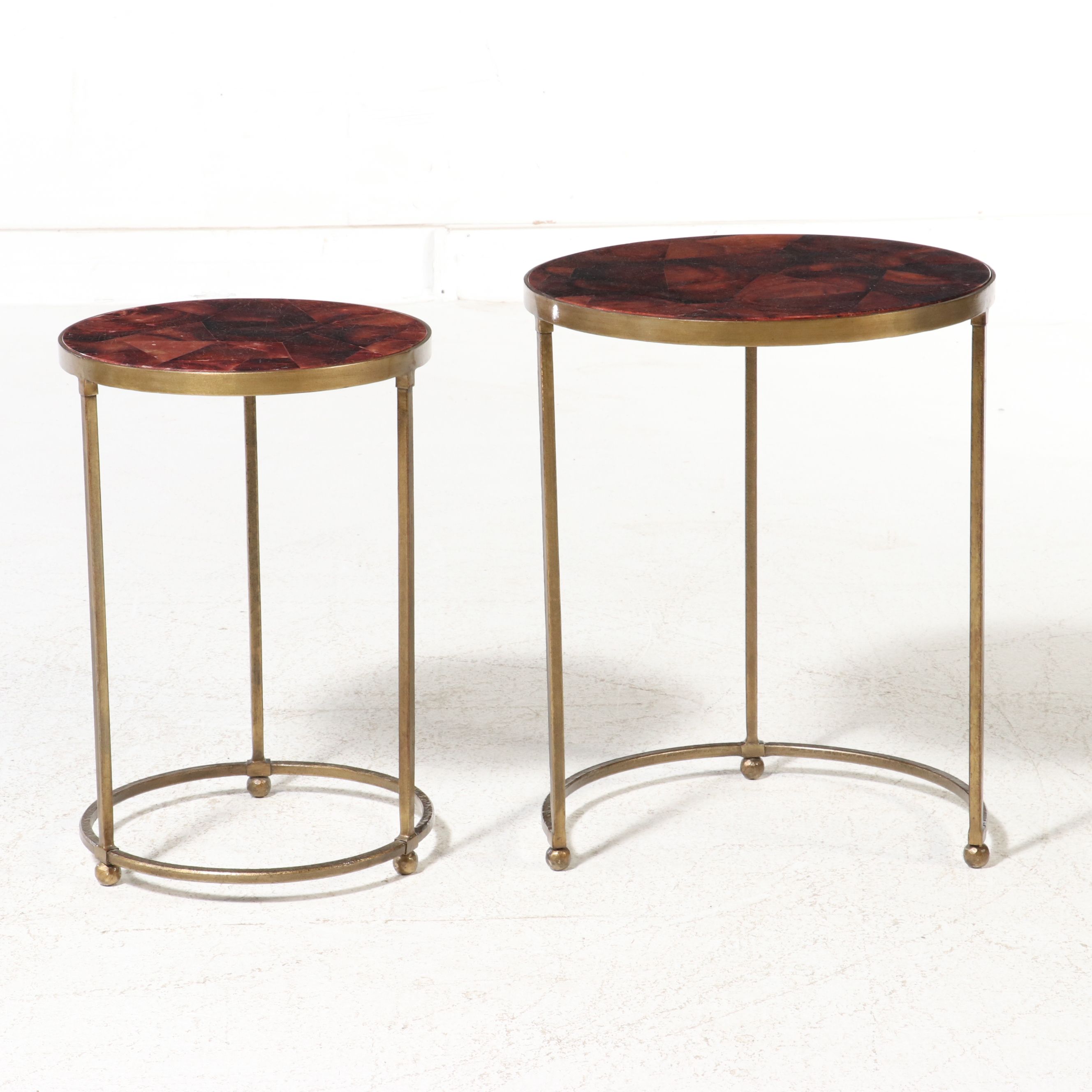Crate & Barrel "Moreno" Red Agate Style Nesting Table Pair