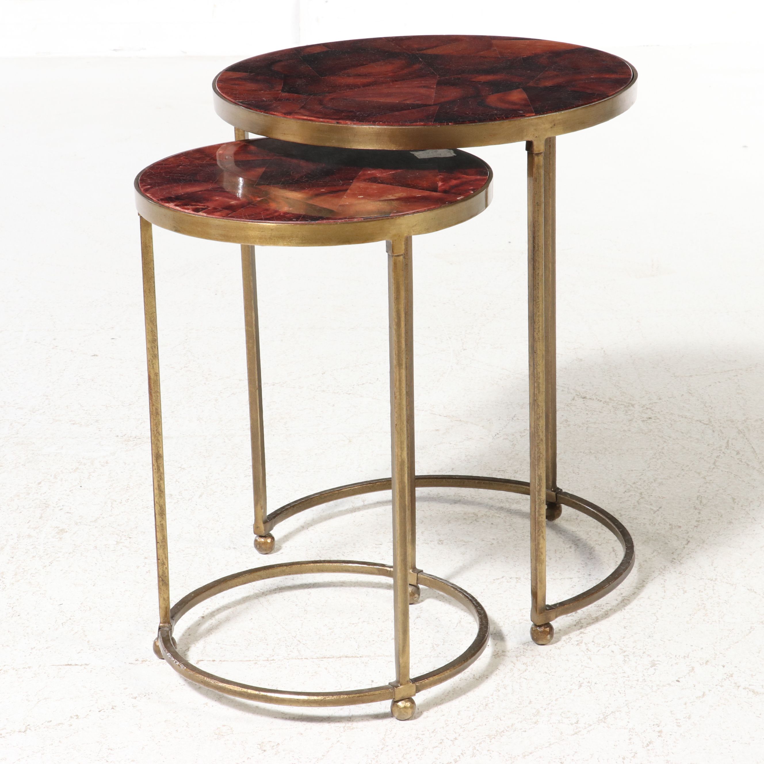 Crate & Barrel "Moreno" Red Agate Style Nesting Table Pair