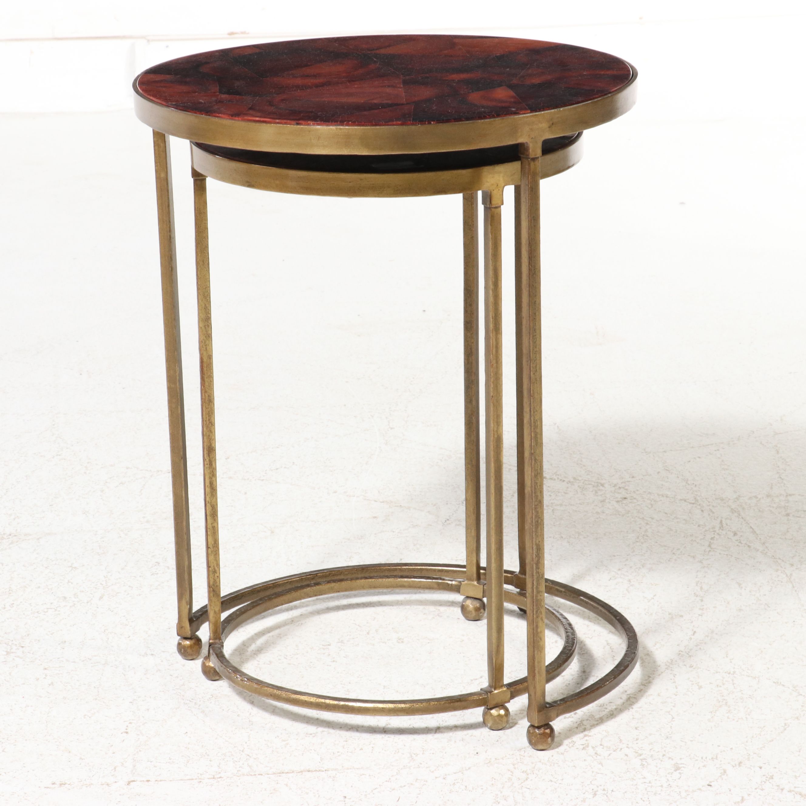 Crate & Barrel "Moreno" Red Agate Style Nesting Table Pair