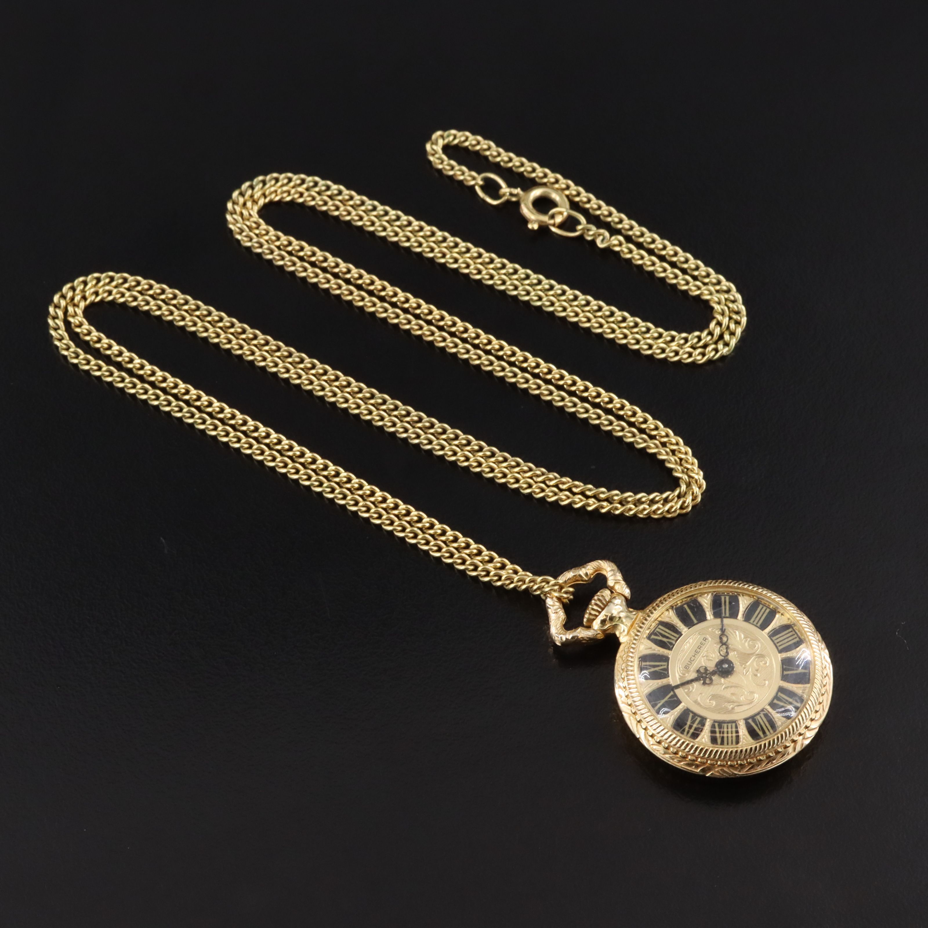 Bucherer Gold Tone Ornate Scroll Work Pendant Watch