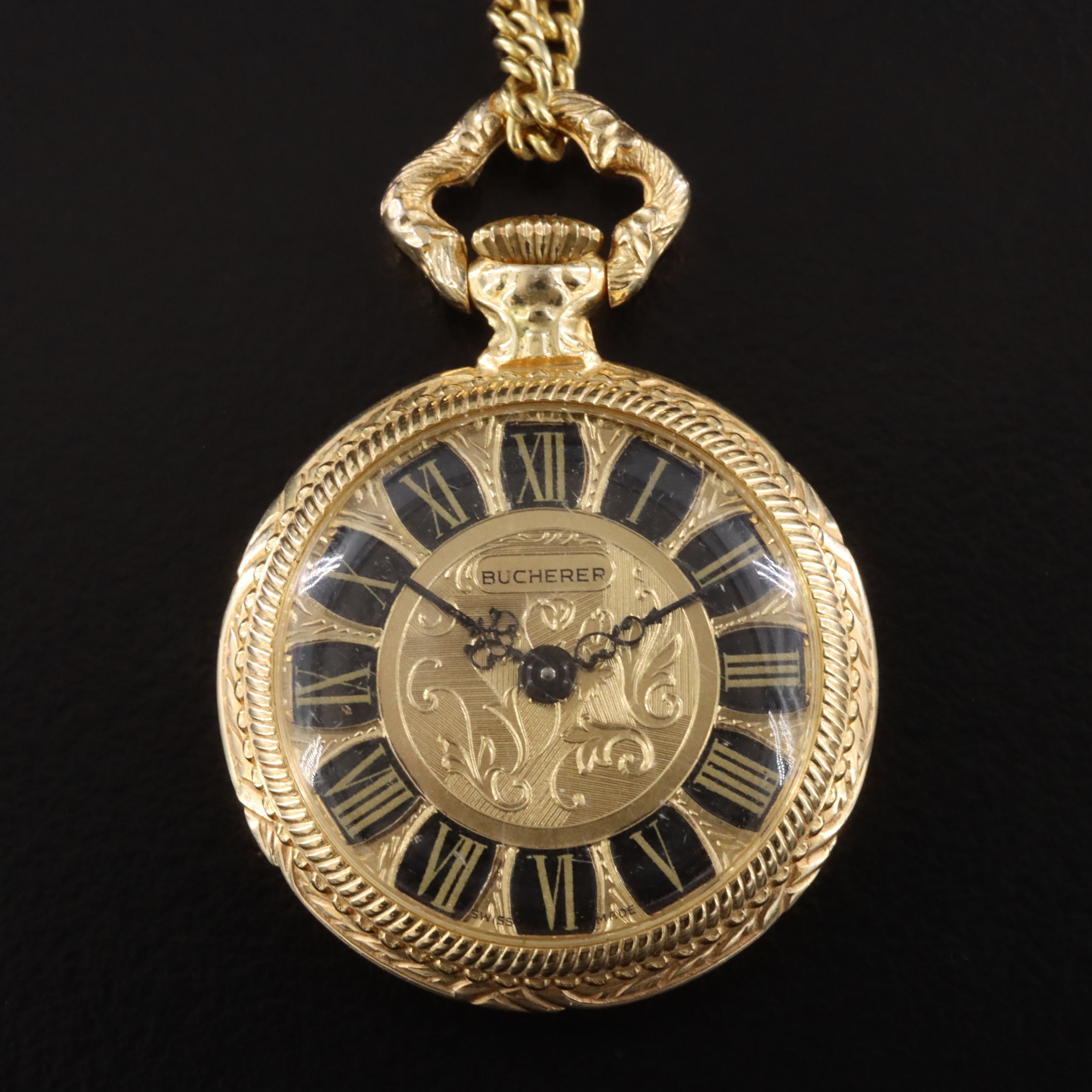 Bucherer Gold Tone Ornate Scroll Work Pendant Watch