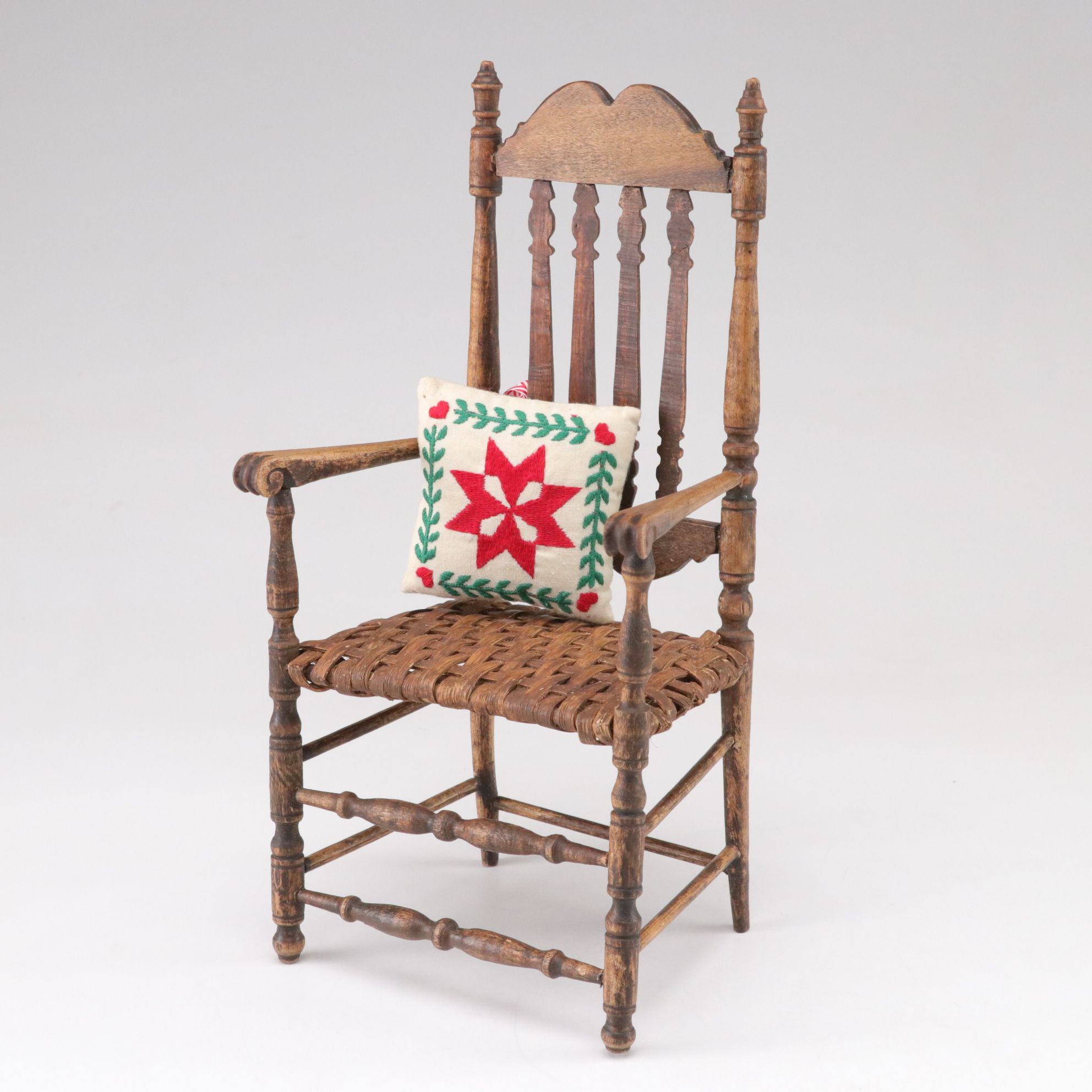 Handcrafted Wooden Miniature Doll House Chair and Throw Pillow