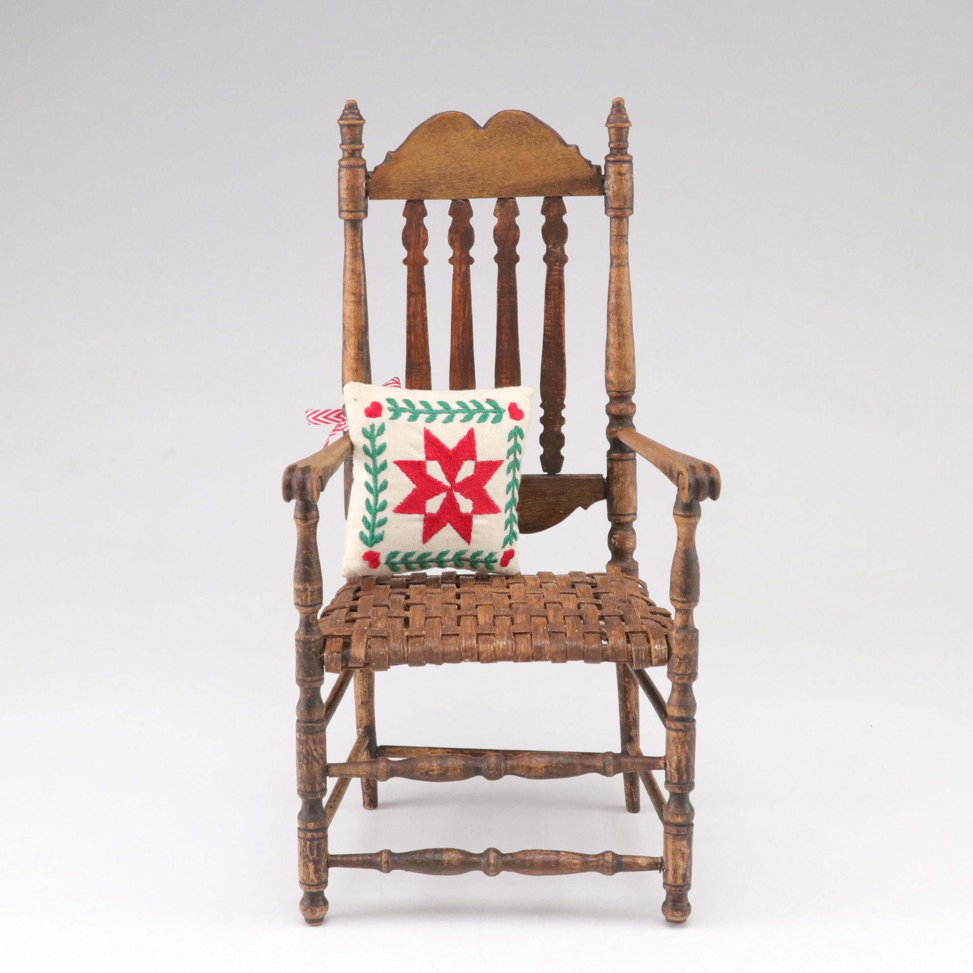 Handcrafted Wooden Miniature Doll House Chair and Throw Pillow