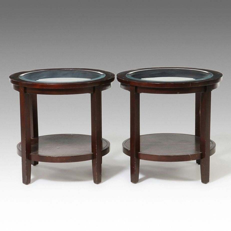 Pair of Contemporary Circular End Tables with Inset Glass Tops