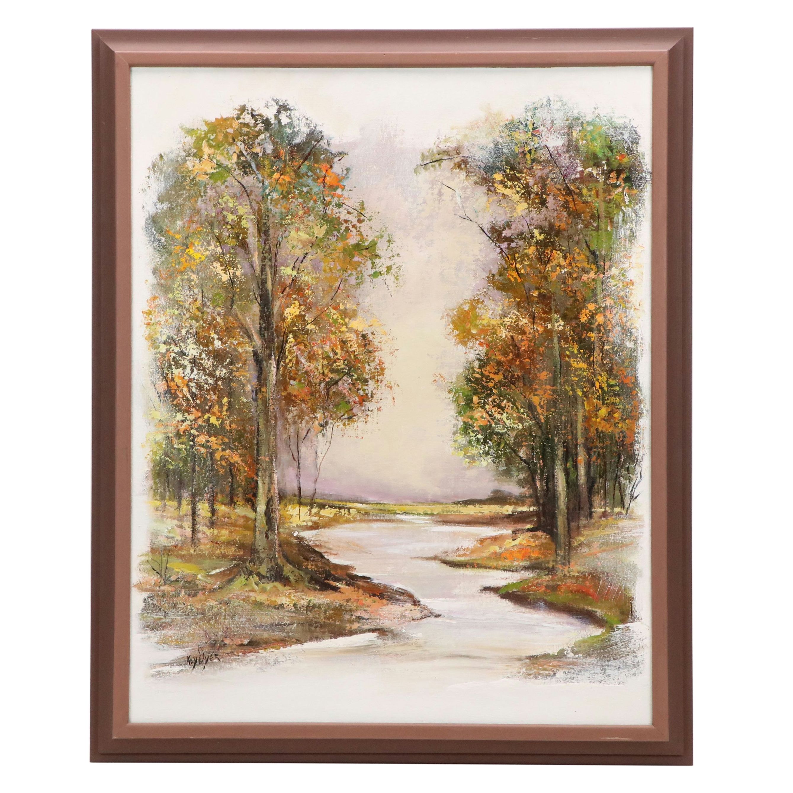 Kay Dyer Oil Painting of Autumn Trees and Stream, Late 20th to 21st Century