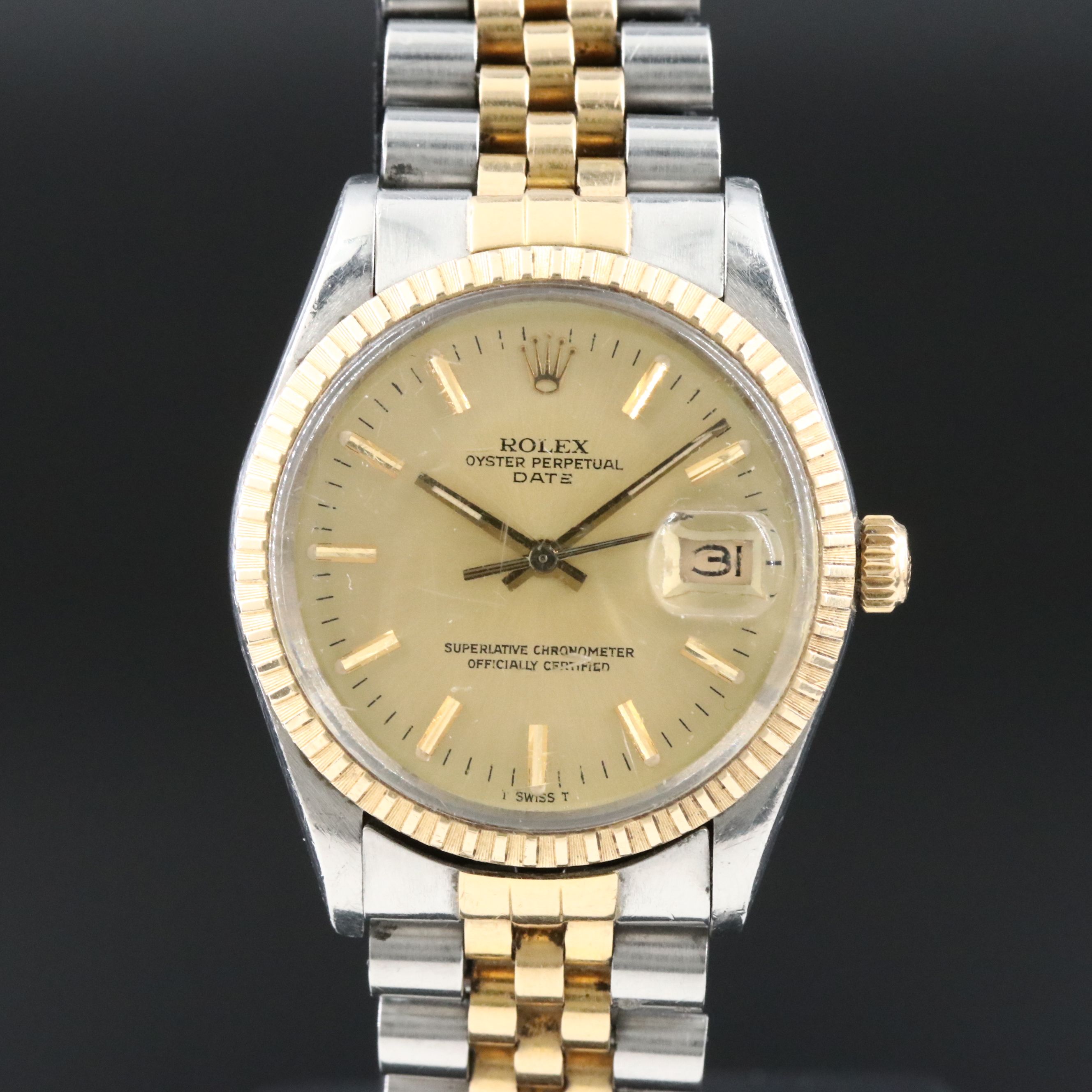 1981 Rolex Engine Turned Bezel 18K & Steel Jubilee Date Watch Model 15053