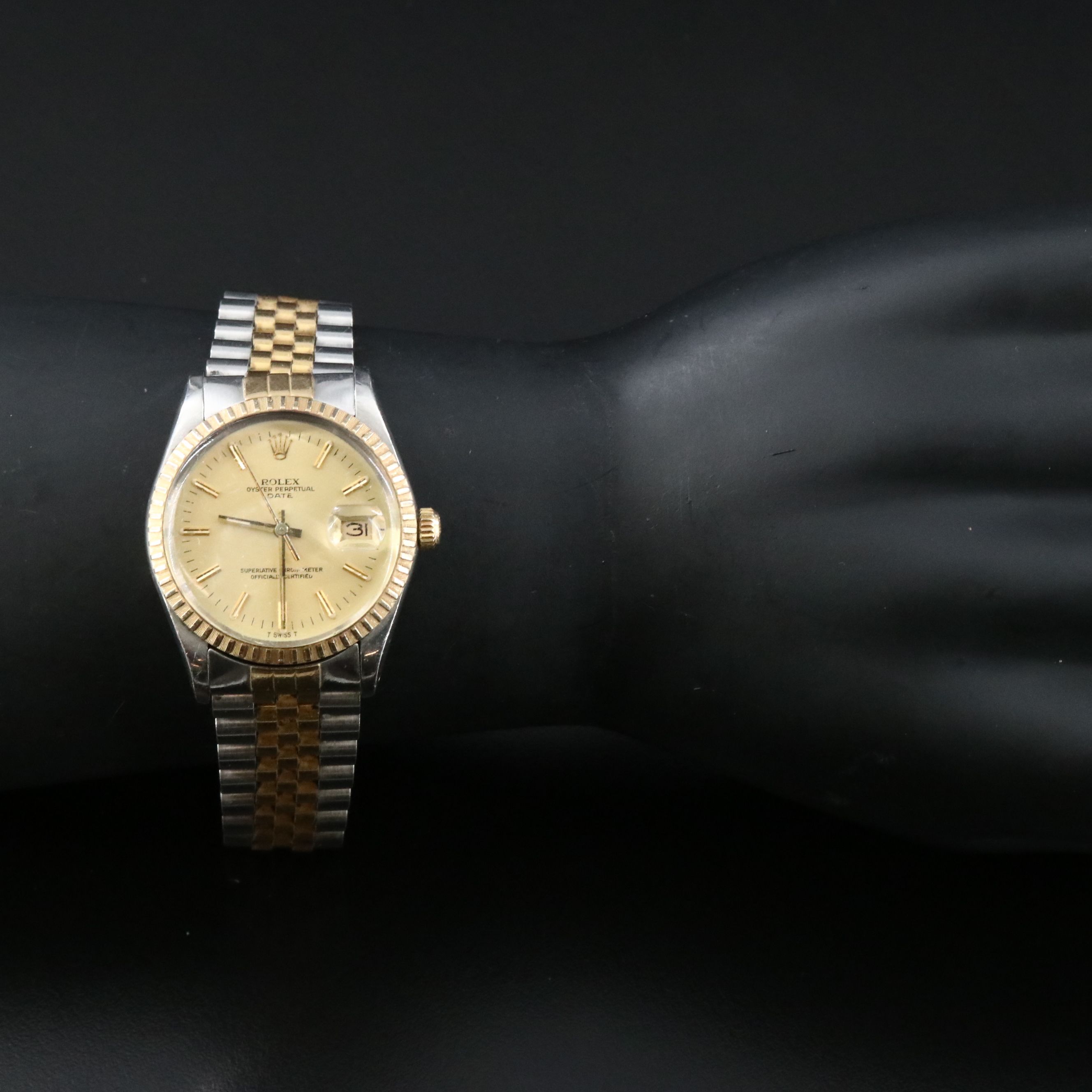 1981 Rolex Engine Turned Bezel 18K & Steel Jubilee Date Watch Model 15053