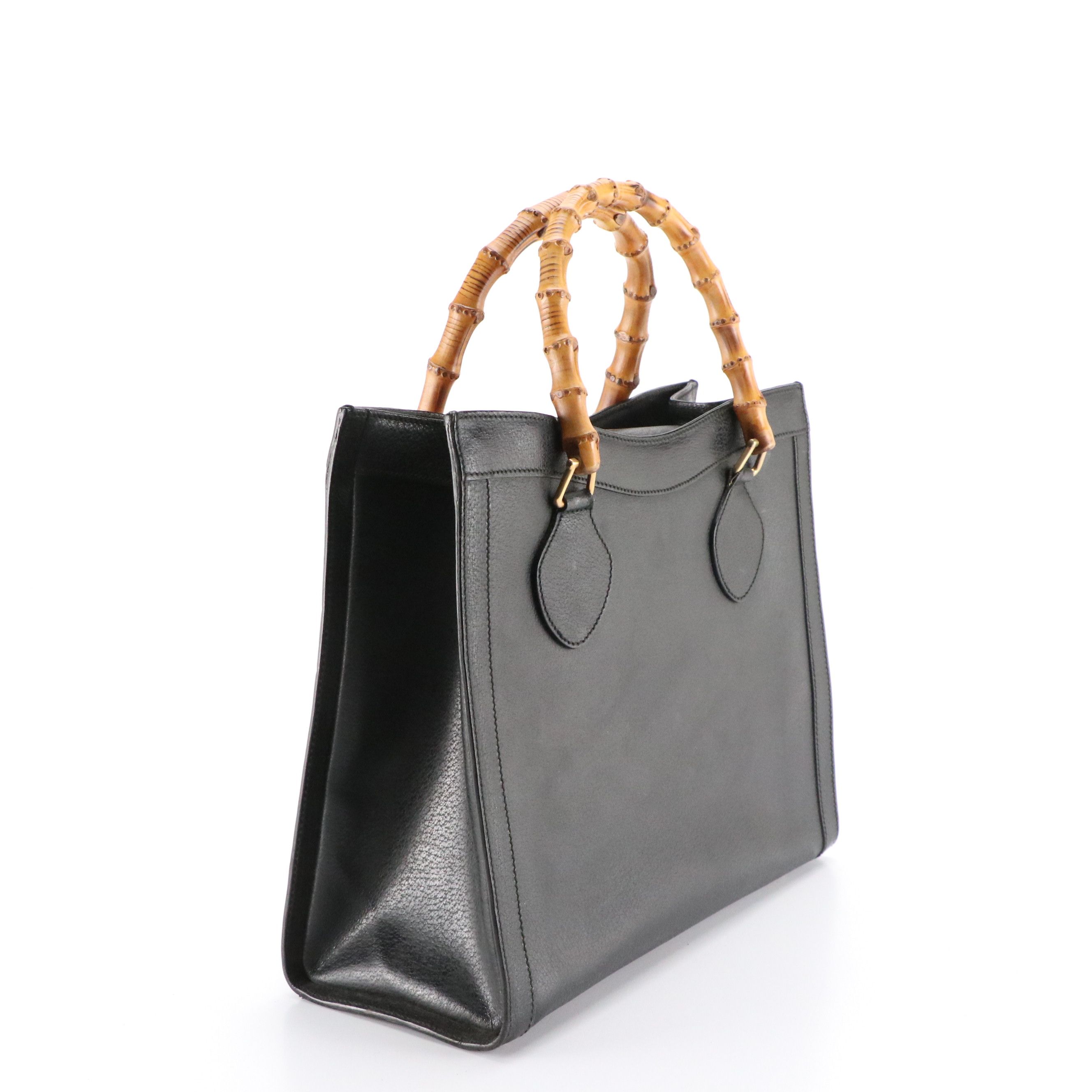 Gucci Bamboo Handle Diana Tote Bag in Black Cinghiale Leather