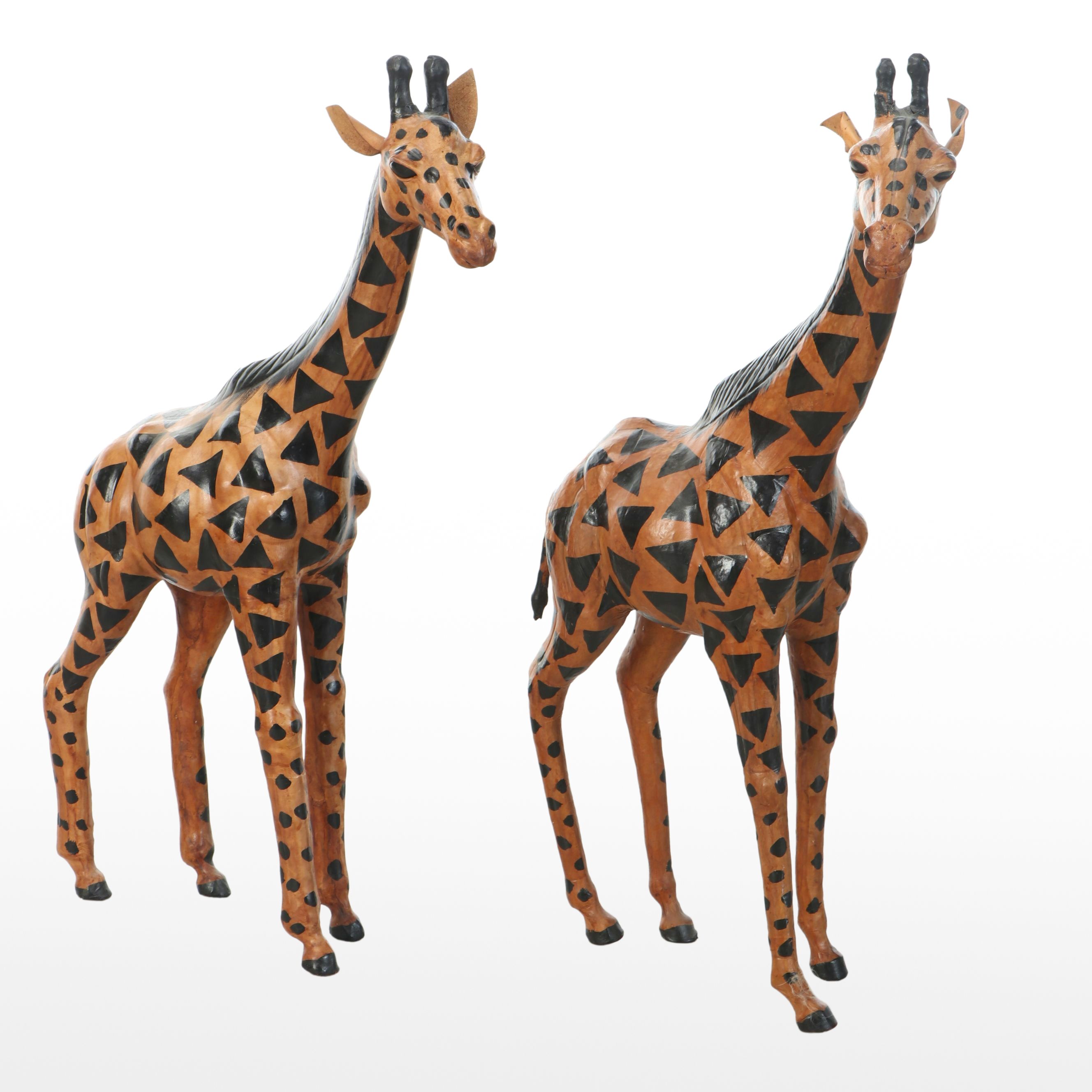 Pair of Hand-Painted Leather Wrapped Giraffes