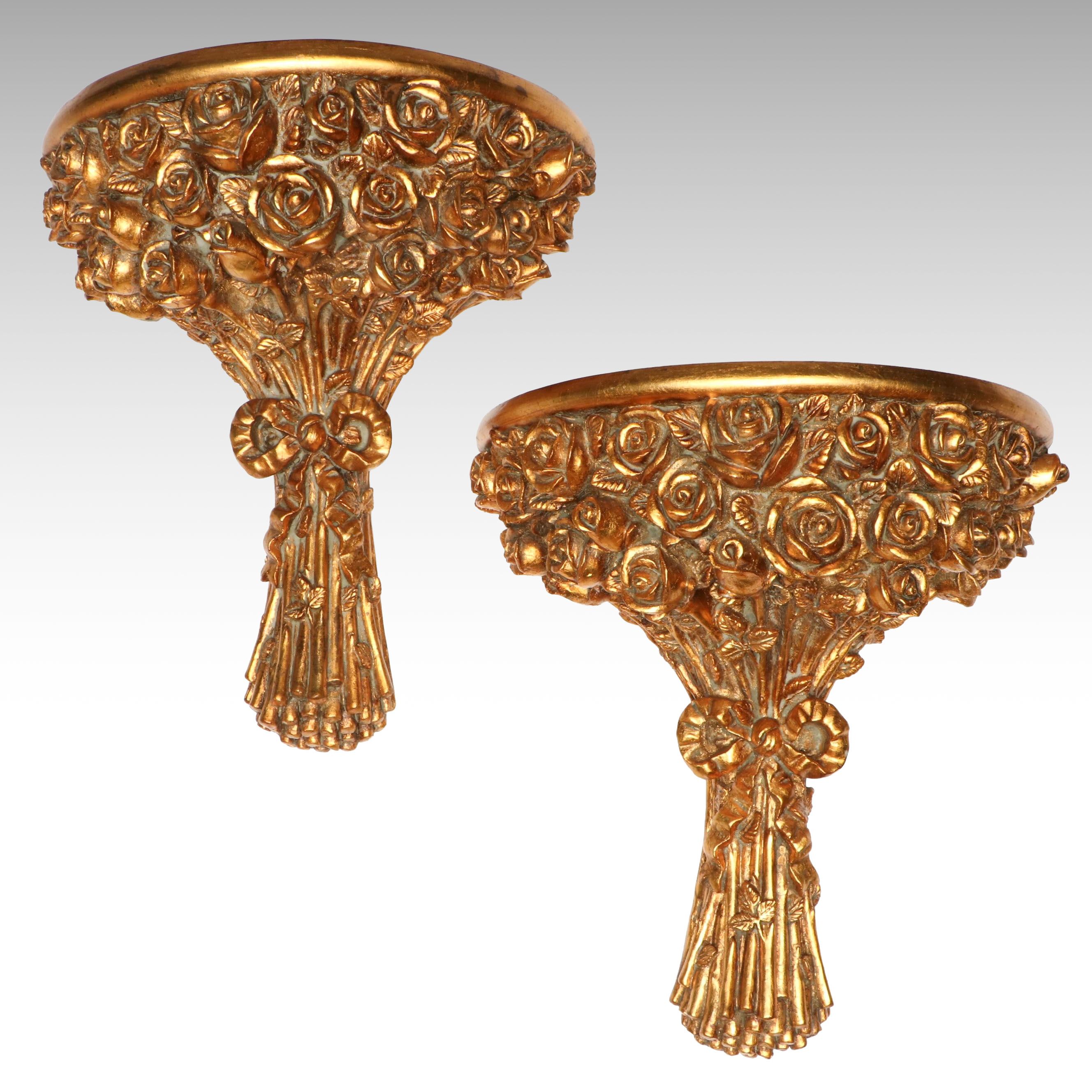 Pair of English Italian Style Gilt Rose Bouquet Wall Corbels