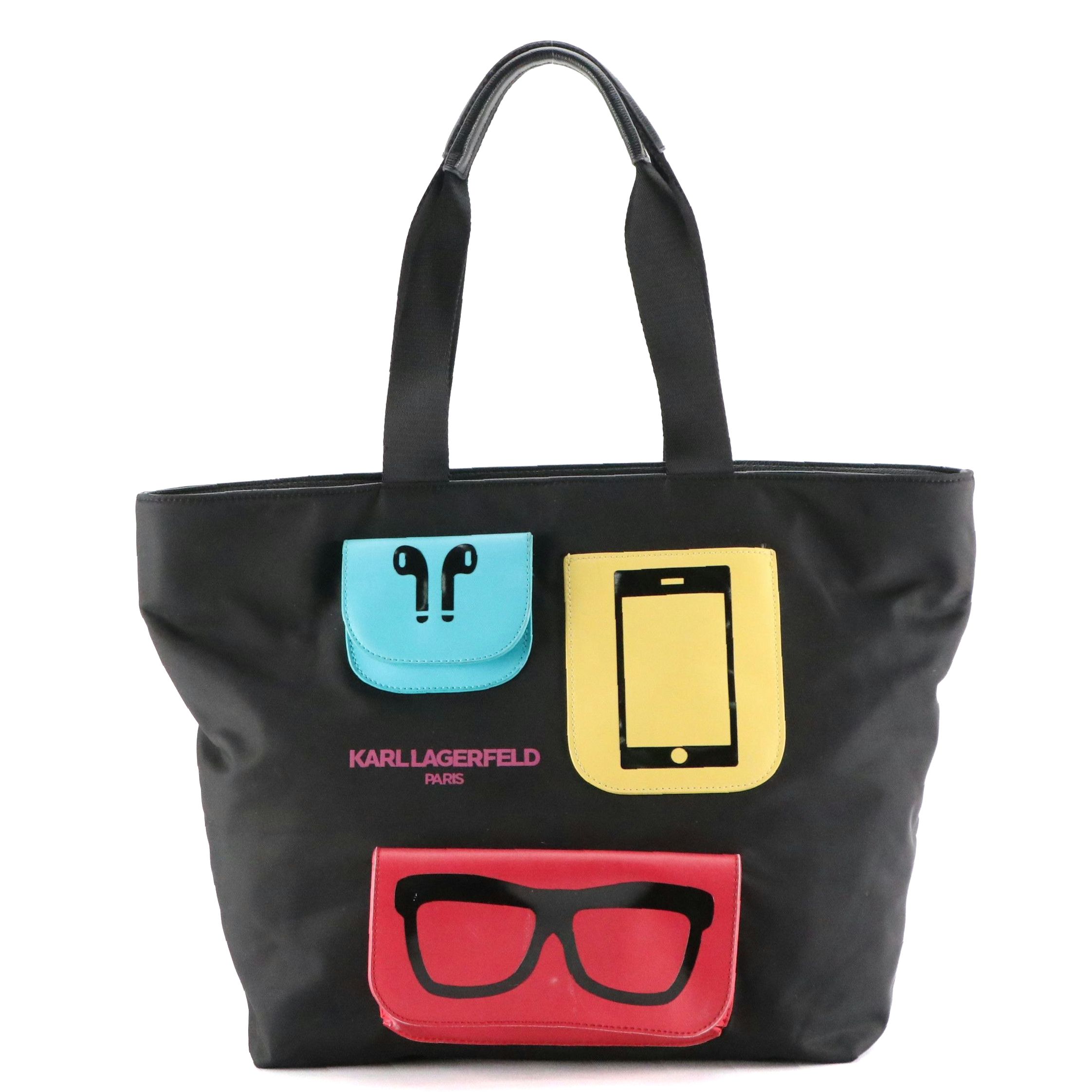 Karl Lagerfeld Amour Large Zip Tote Bag in Black Nylon and Colorful Faux Leather