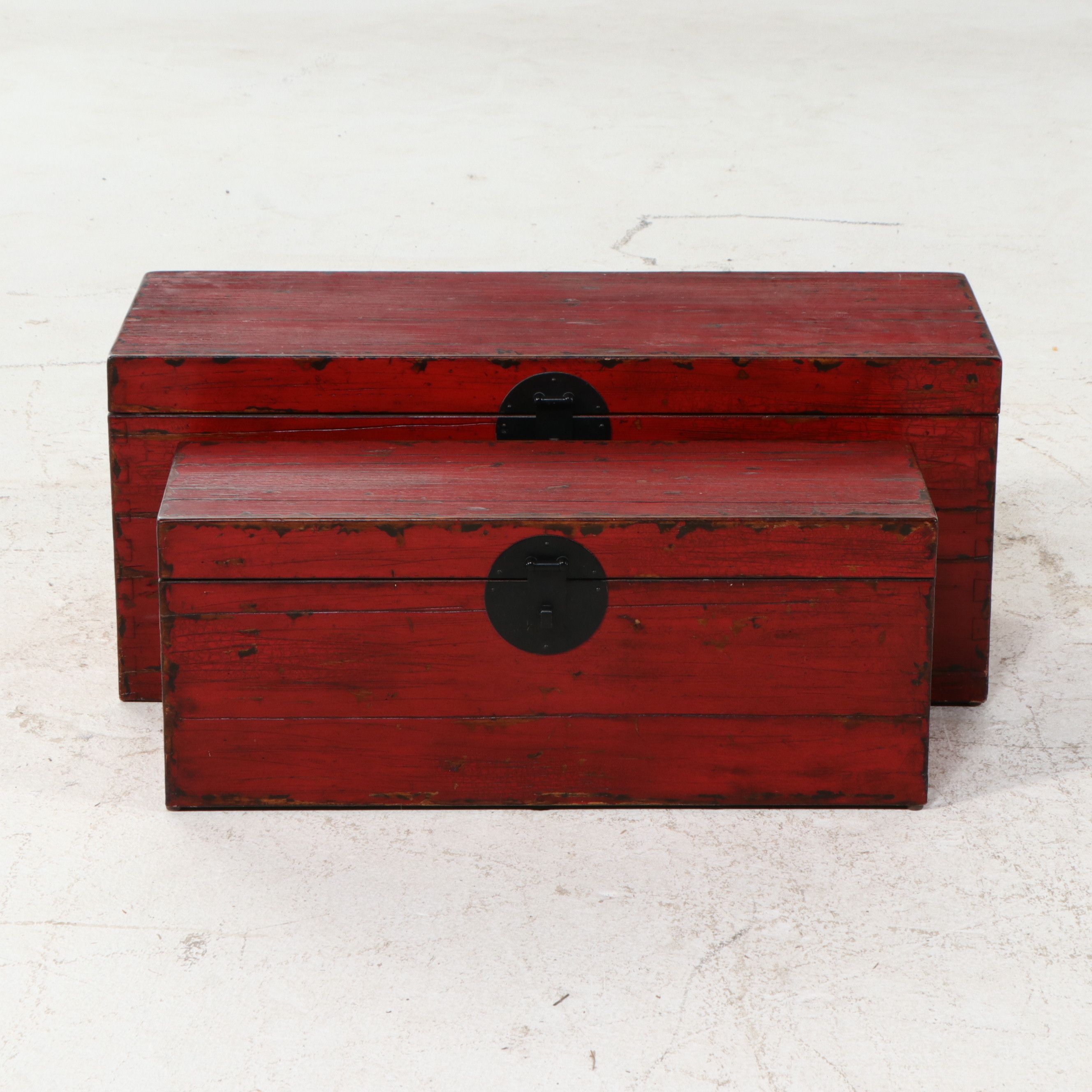Pair of Chinoiserie Red Lacquer Style Storage Trunks