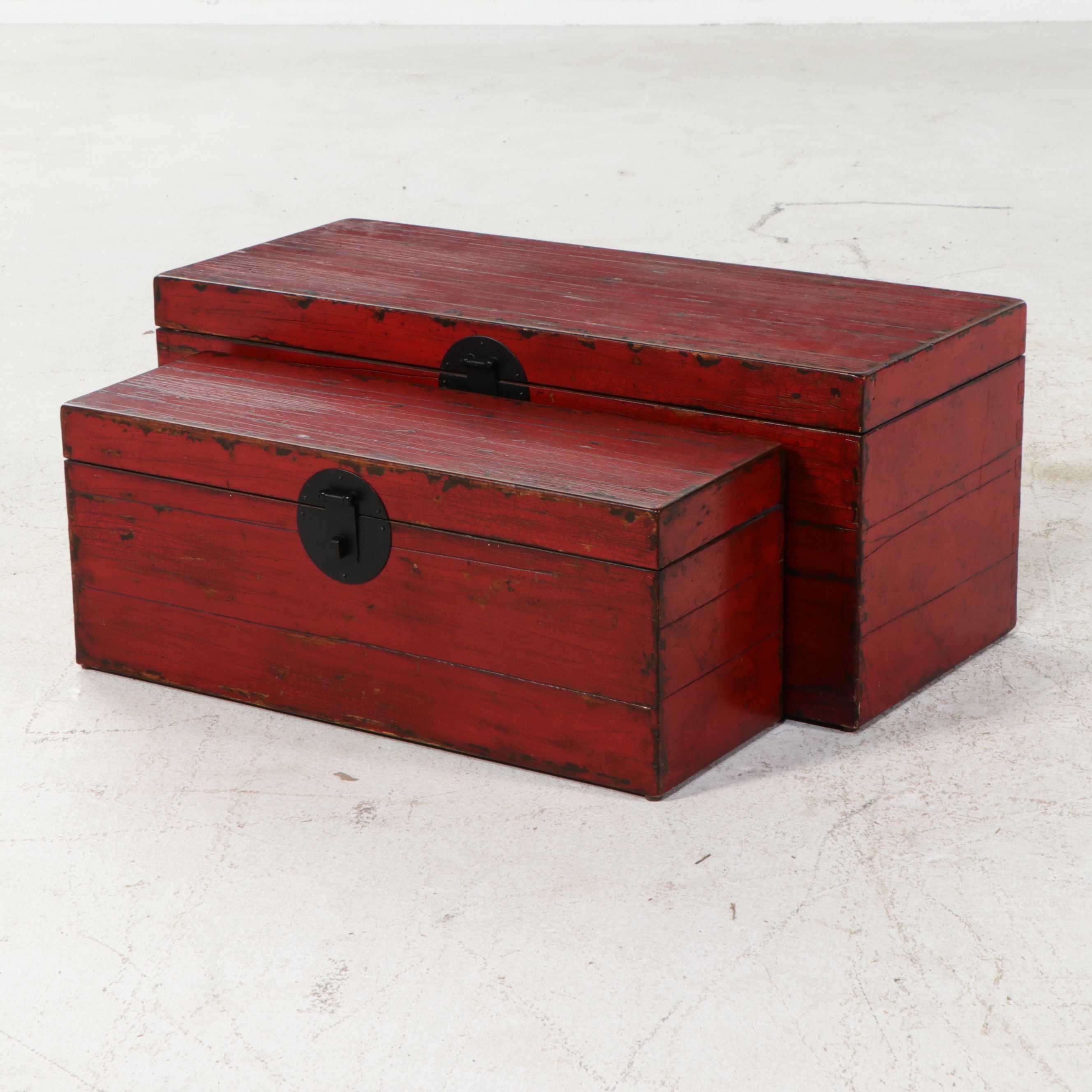Pair of Chinoiserie Red Lacquer Style Storage Trunks