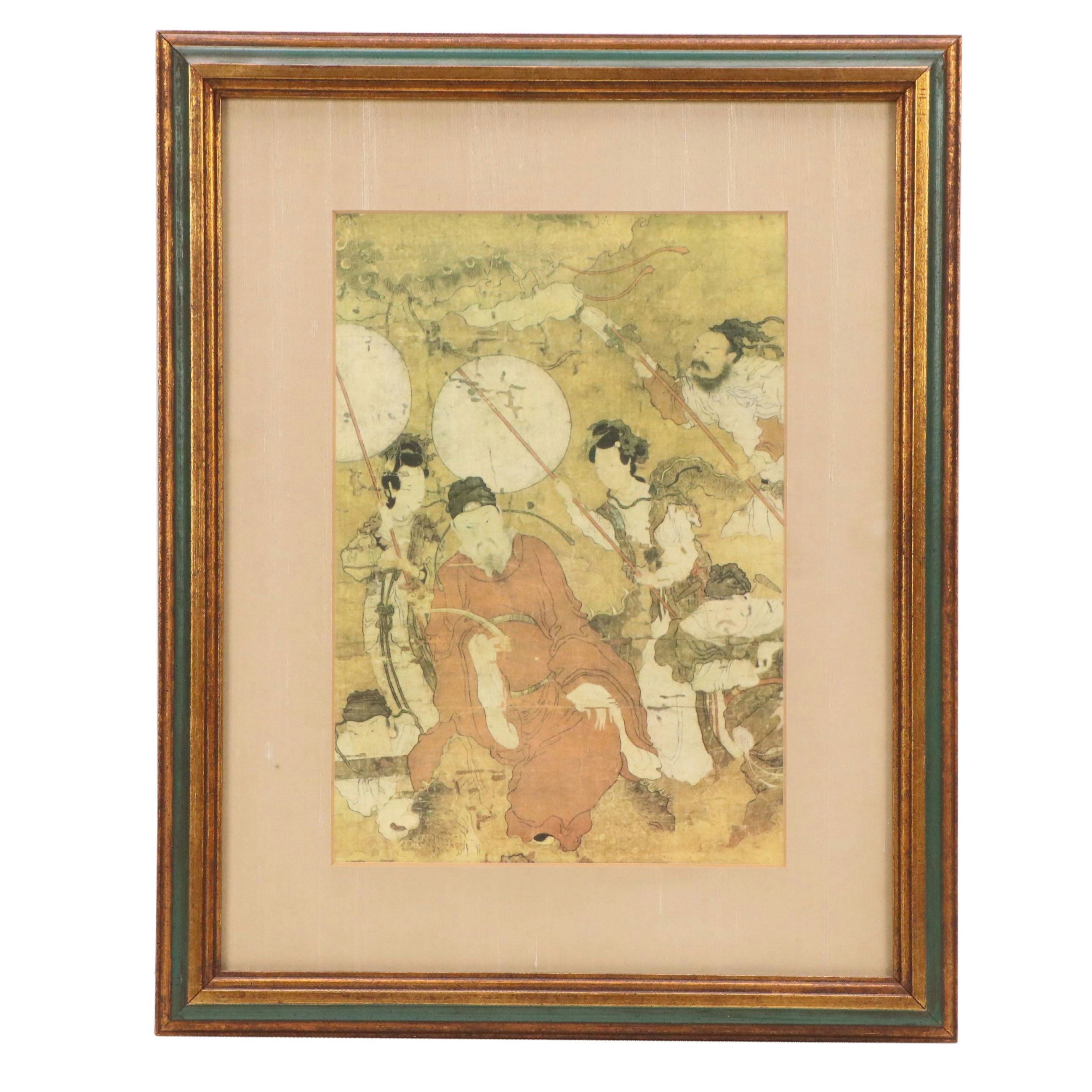 Gouache Bird-and-Flower Paintings and Scroll Detail Print, Mid-Late 20th Century