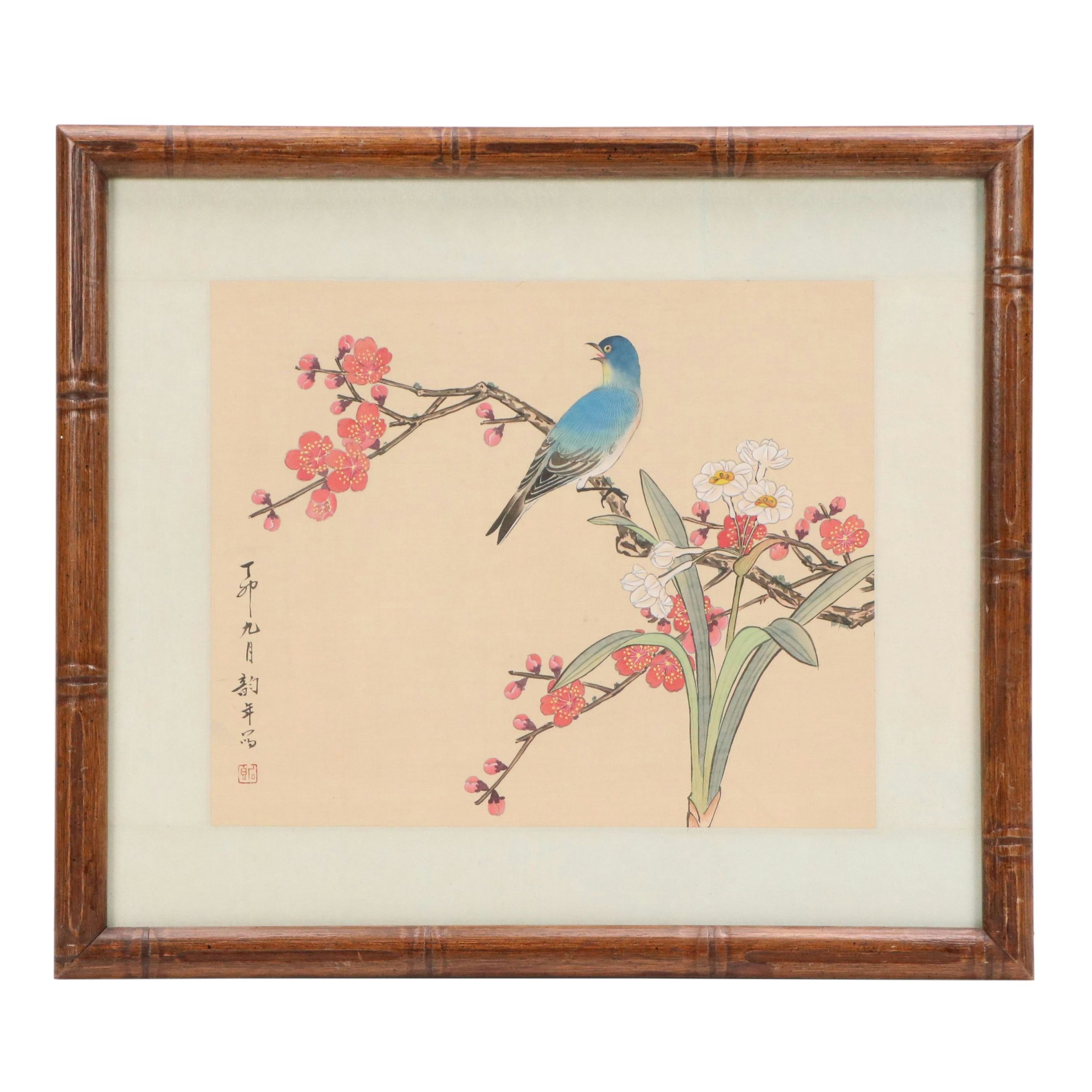 Gouache Bird-and-Flower Paintings and Scroll Detail Print, Mid-Late 20th Century