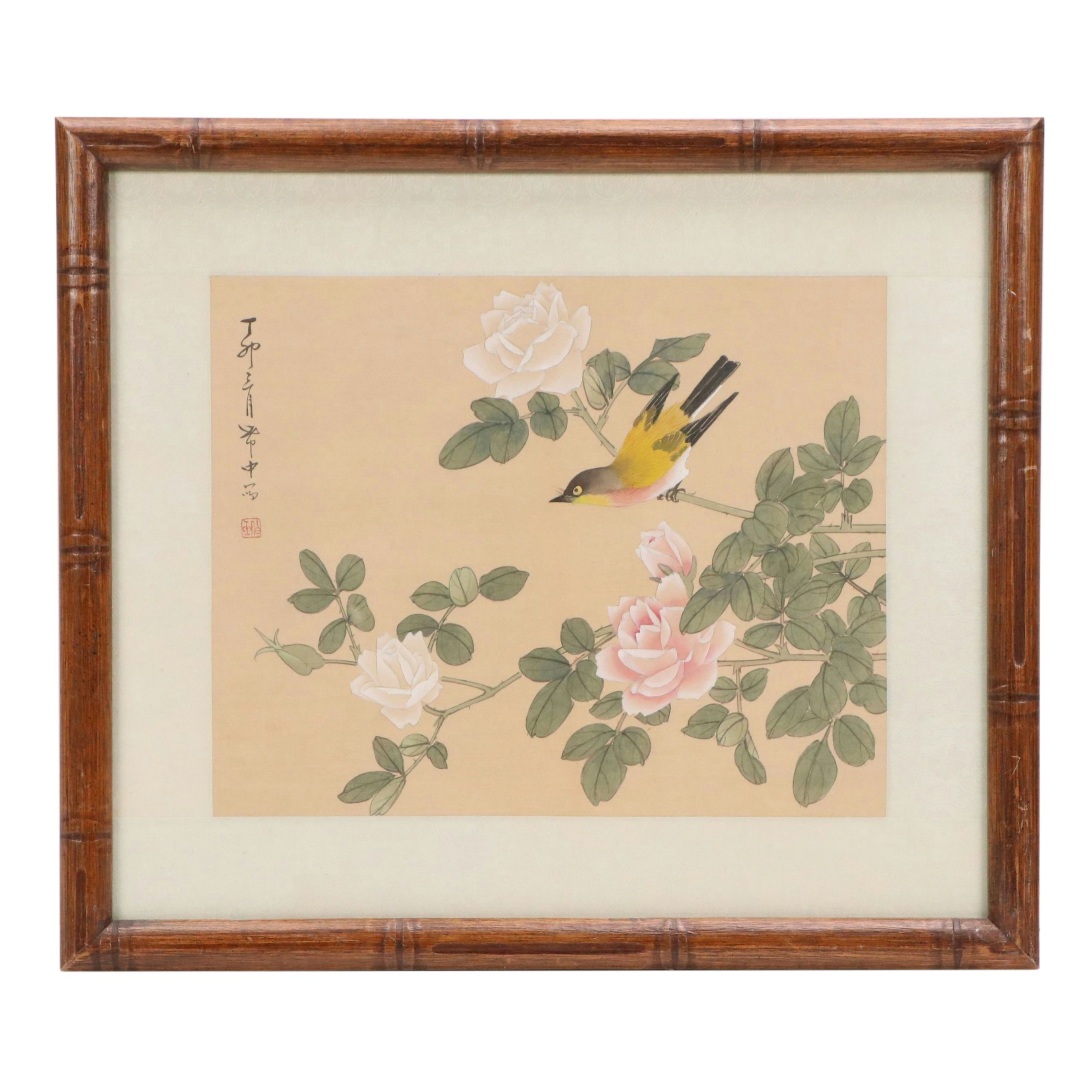 Gouache Bird-and-Flower Paintings and Scroll Detail Print, Mid-Late 20th Century