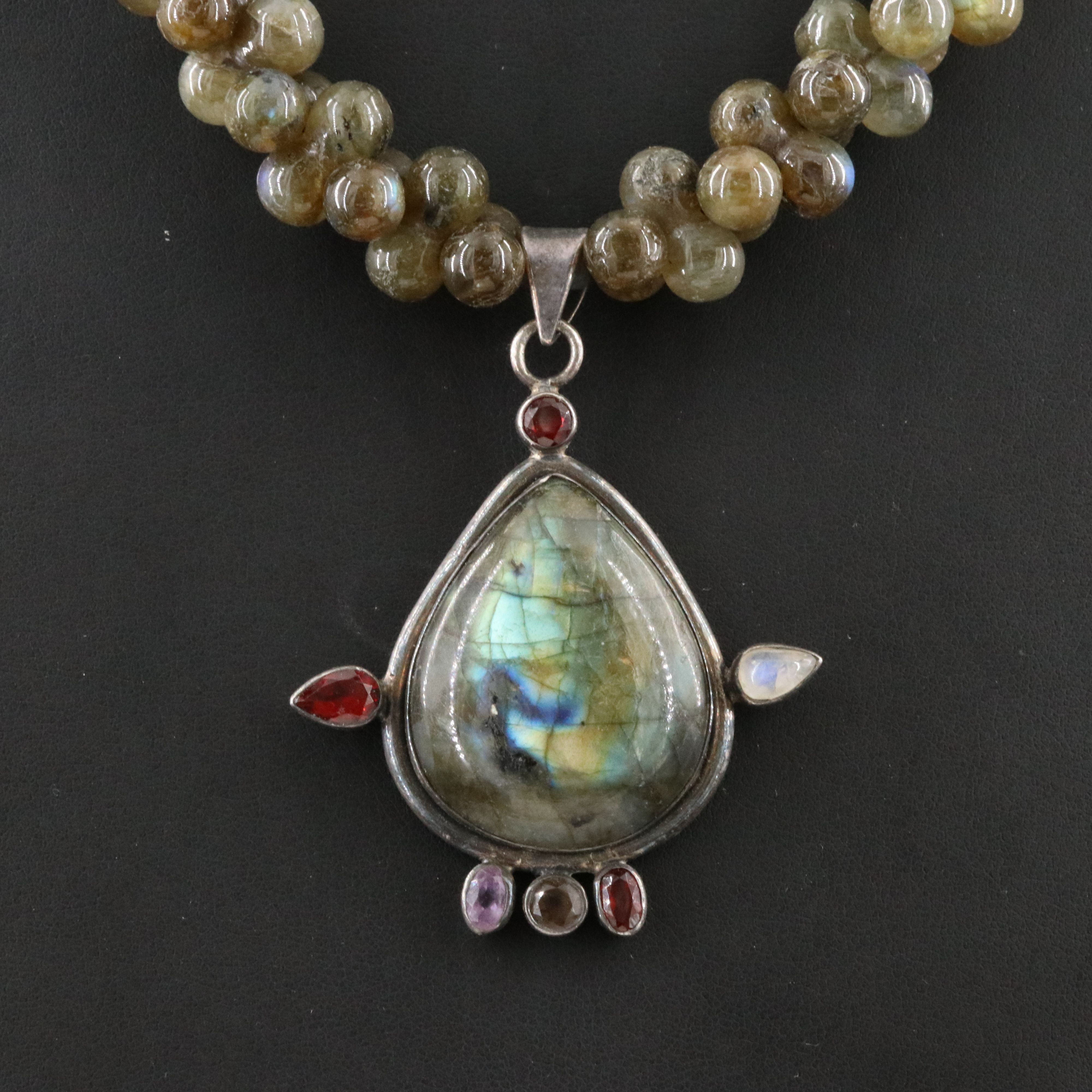 Sterling Labradorite, Garnet, Amethyst, and Moonstone Necklace