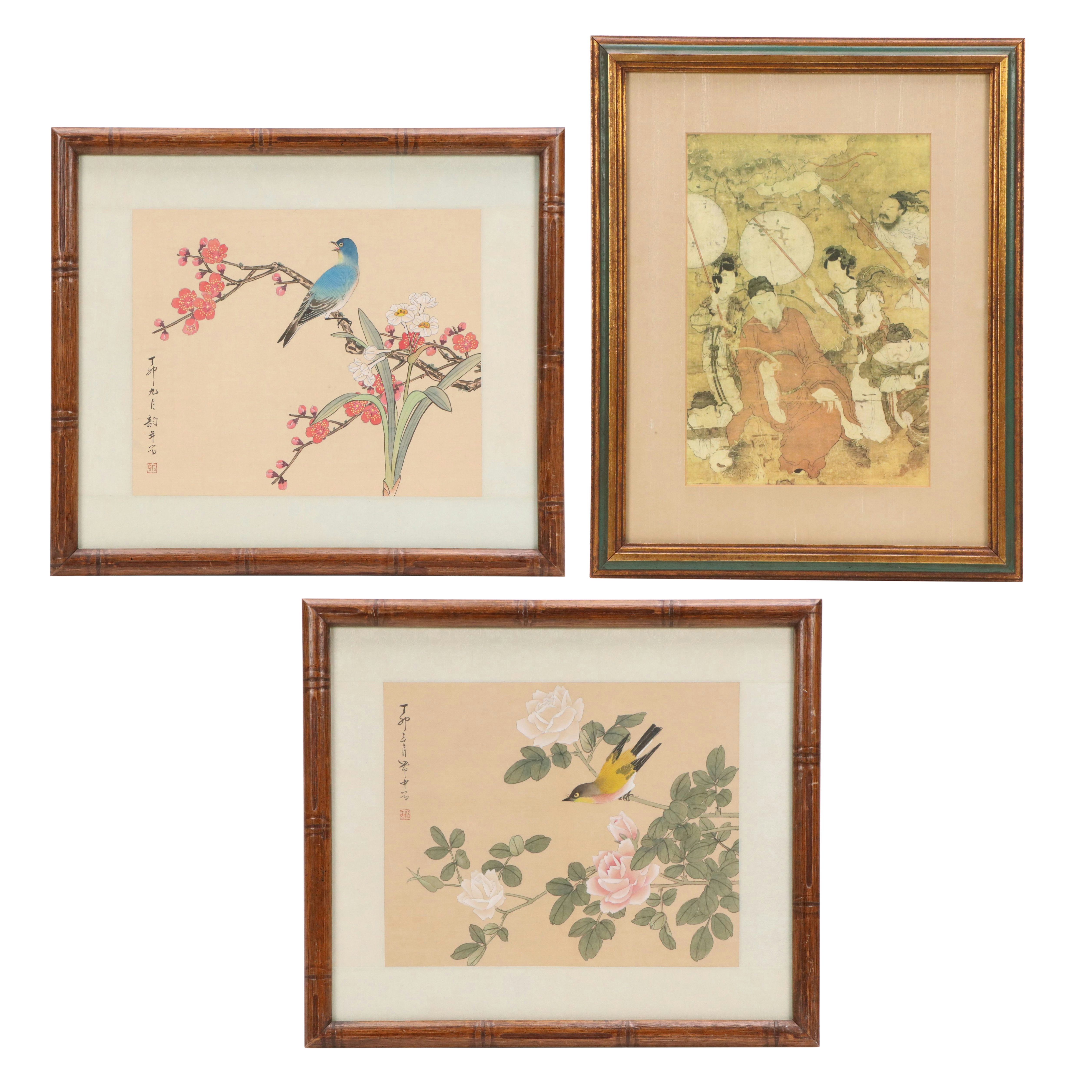 Gouache Bird-and-Flower Paintings and Scroll Detail Print, Mid-Late 20th Century
