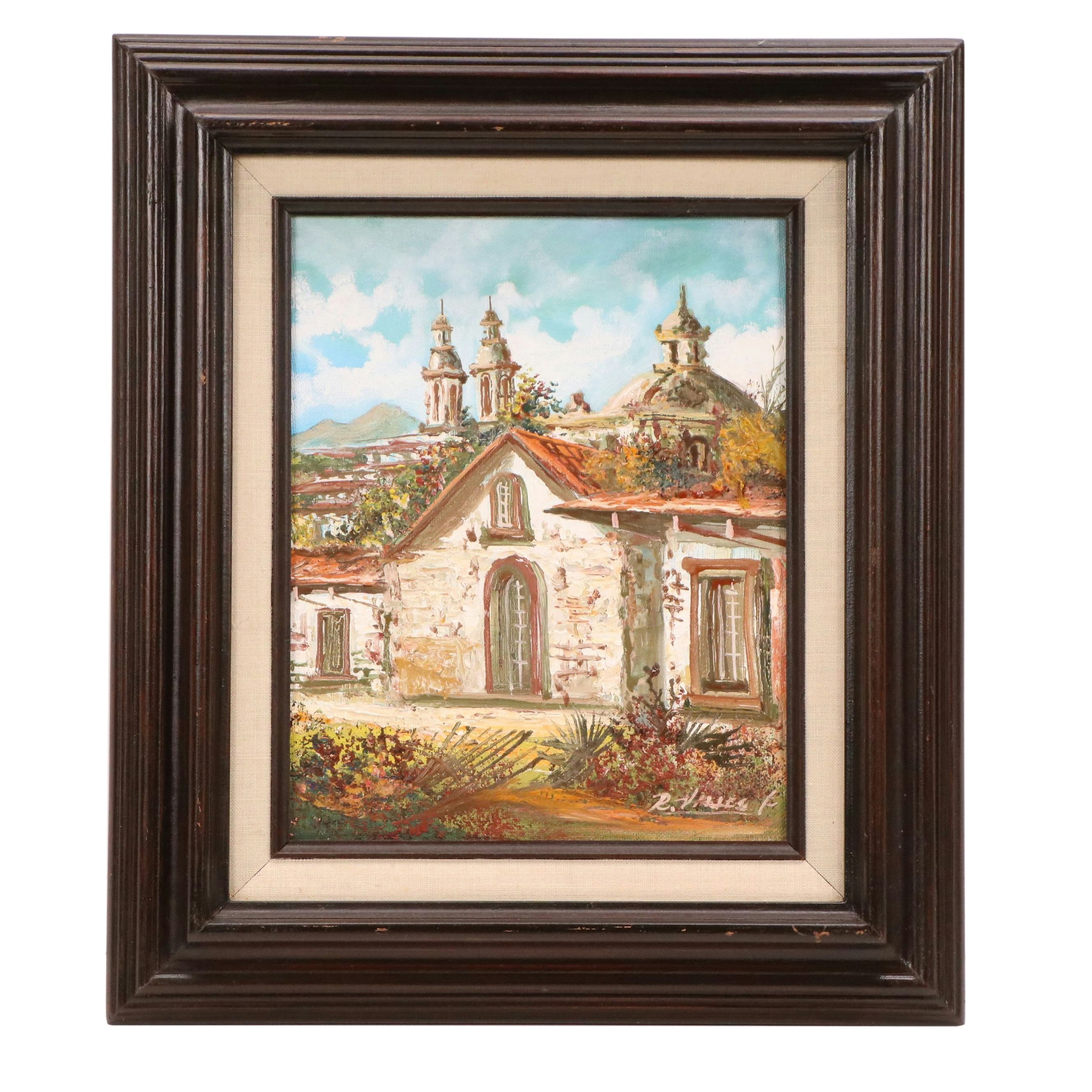 Oil Painting of Rustic Spanish Style Building, Mid-20th Century