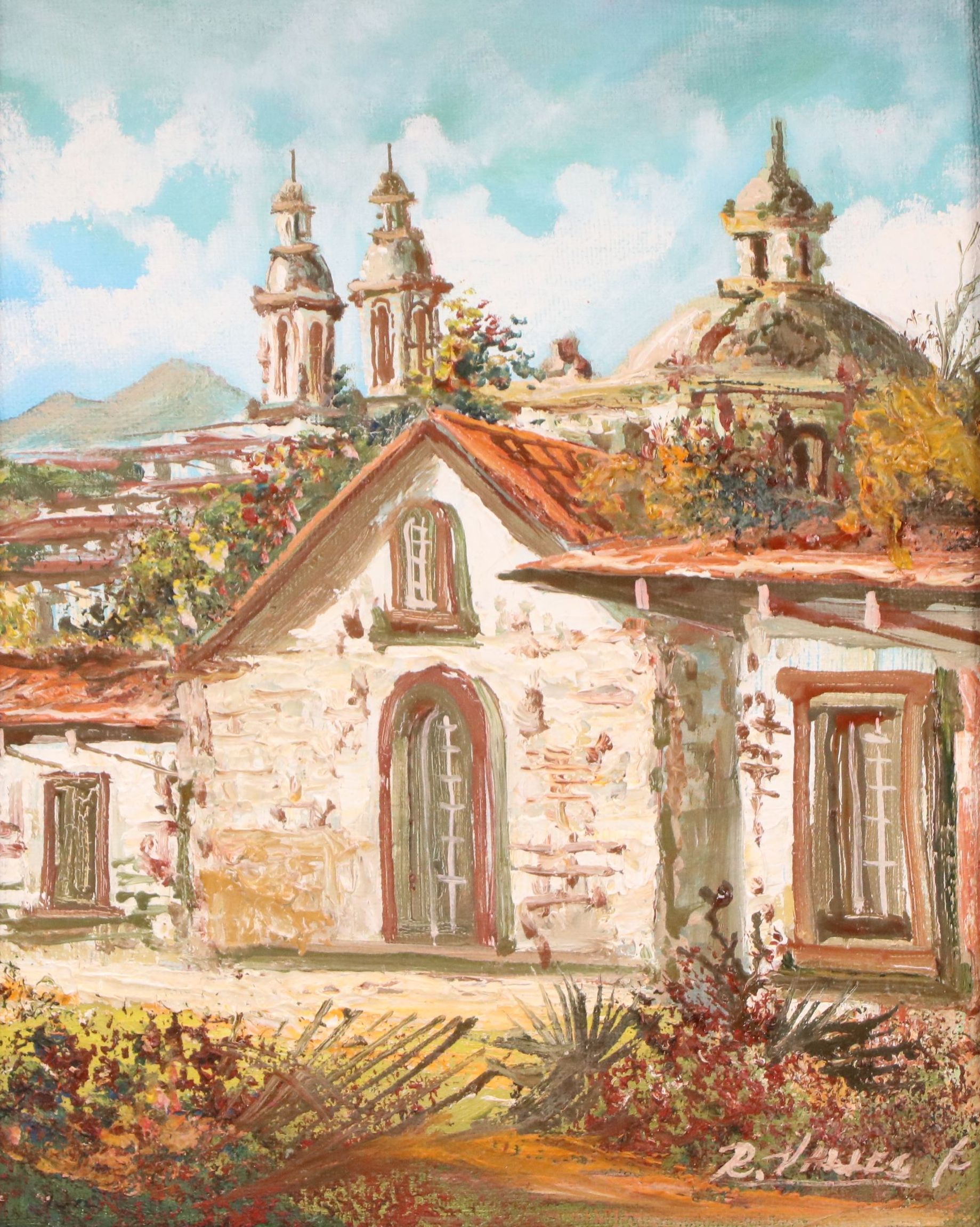Oil Painting of Rustic Spanish Style Building, Mid-20th Century
