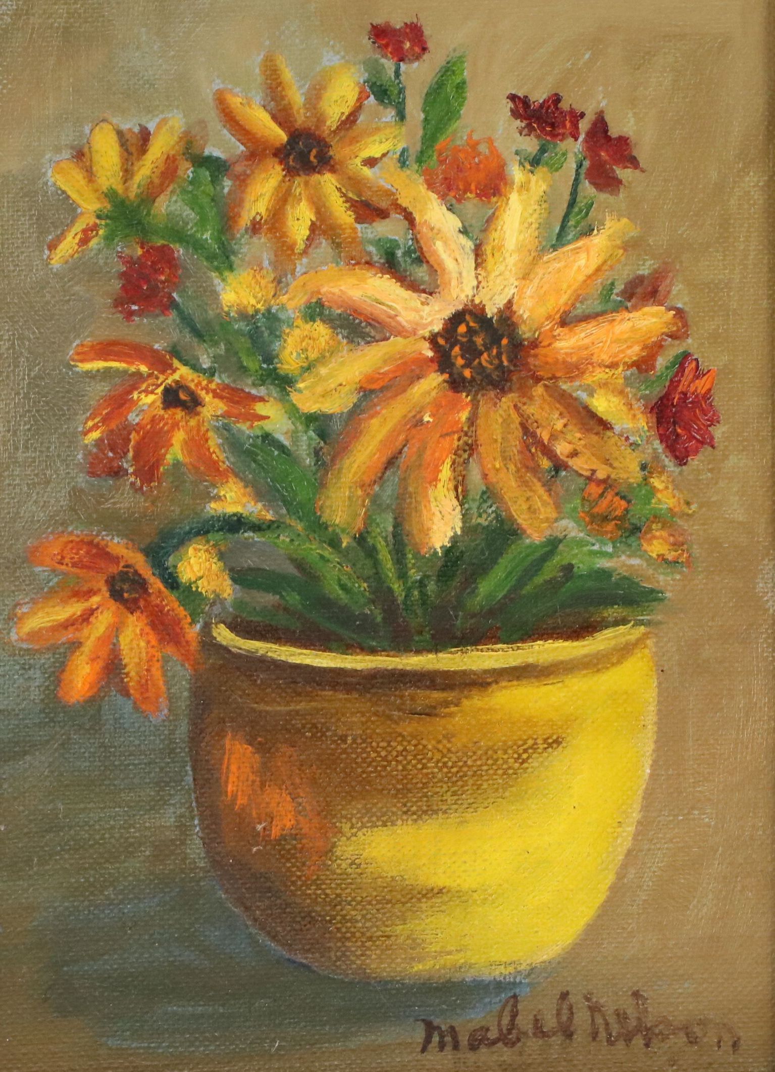 Mabel Nelson Oil Painting of Pot of Sunflowers, Mid-20th Century