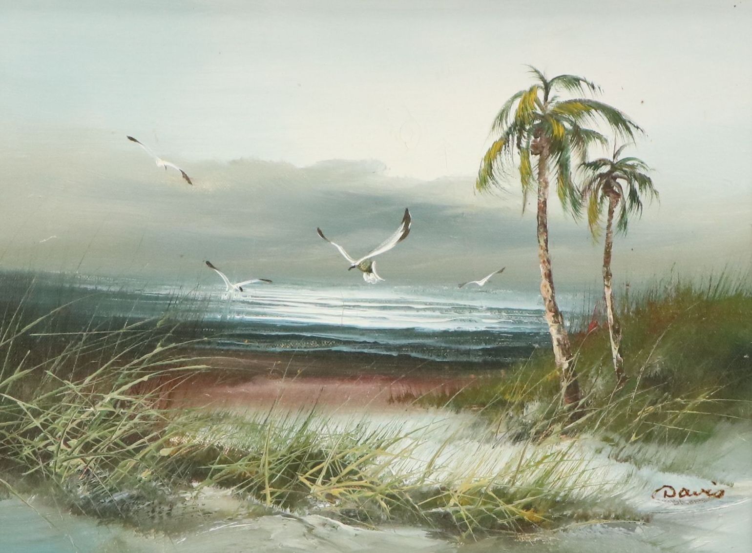 Oil Painting of Stormy Beach Scene, Mid to Late 20th Century