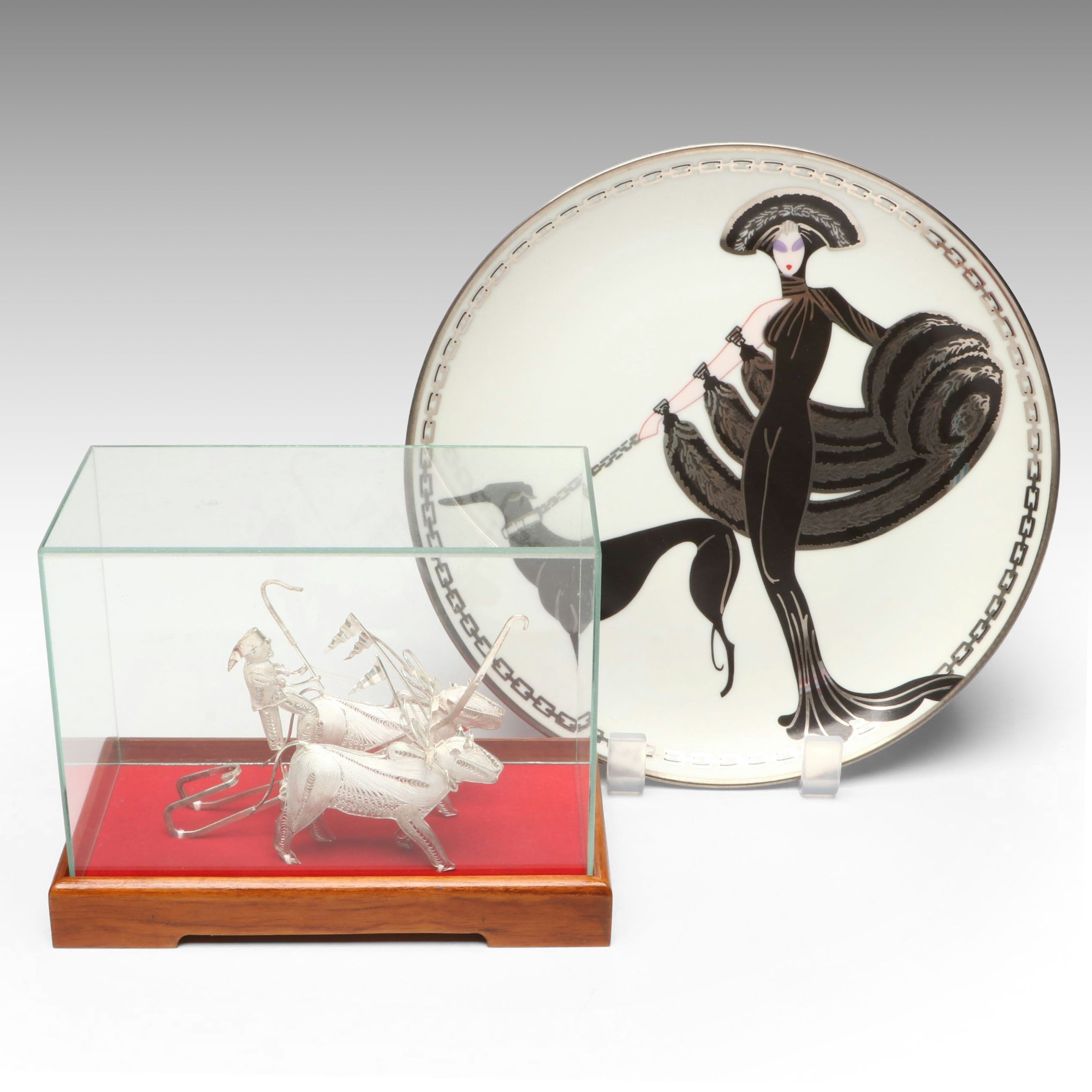 Indonesian Sterling Bull Driver and Erté "Symphony in Black" Collector Plate