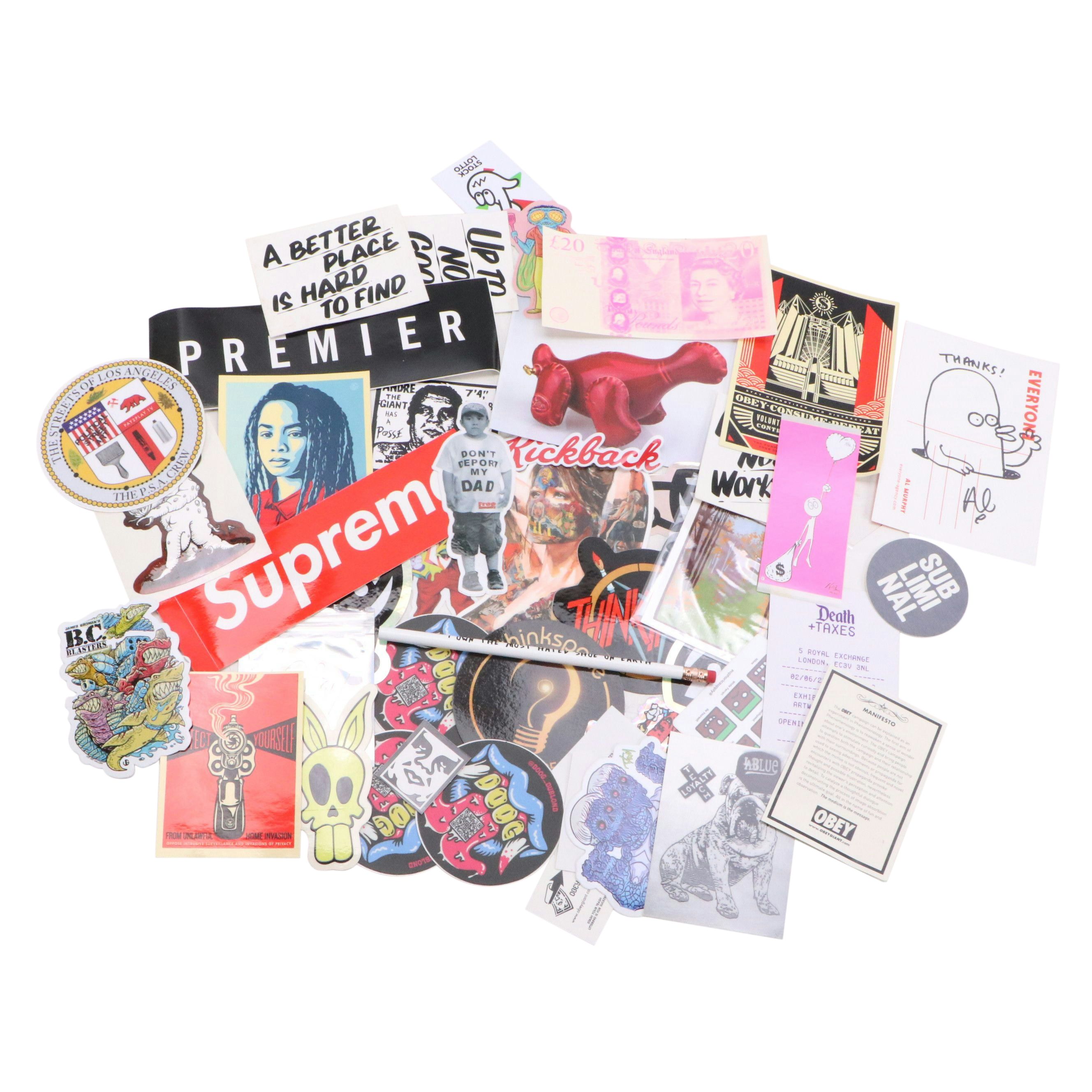 Collection of Stickers and Ephemera from Shepard Fairey, Imbue, and More