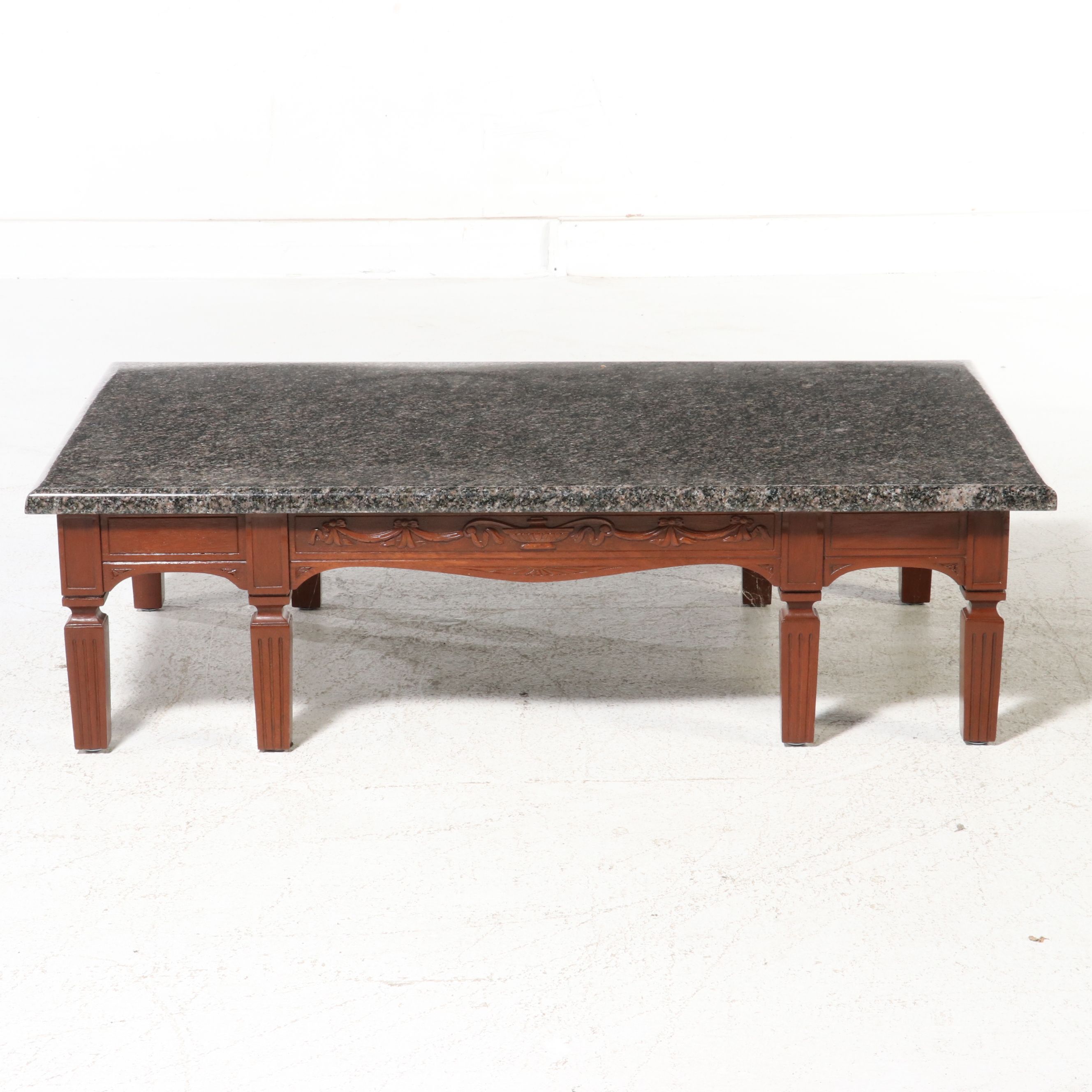 Neoclassical Style Carved Mahogany Coffee Table with Granite Top